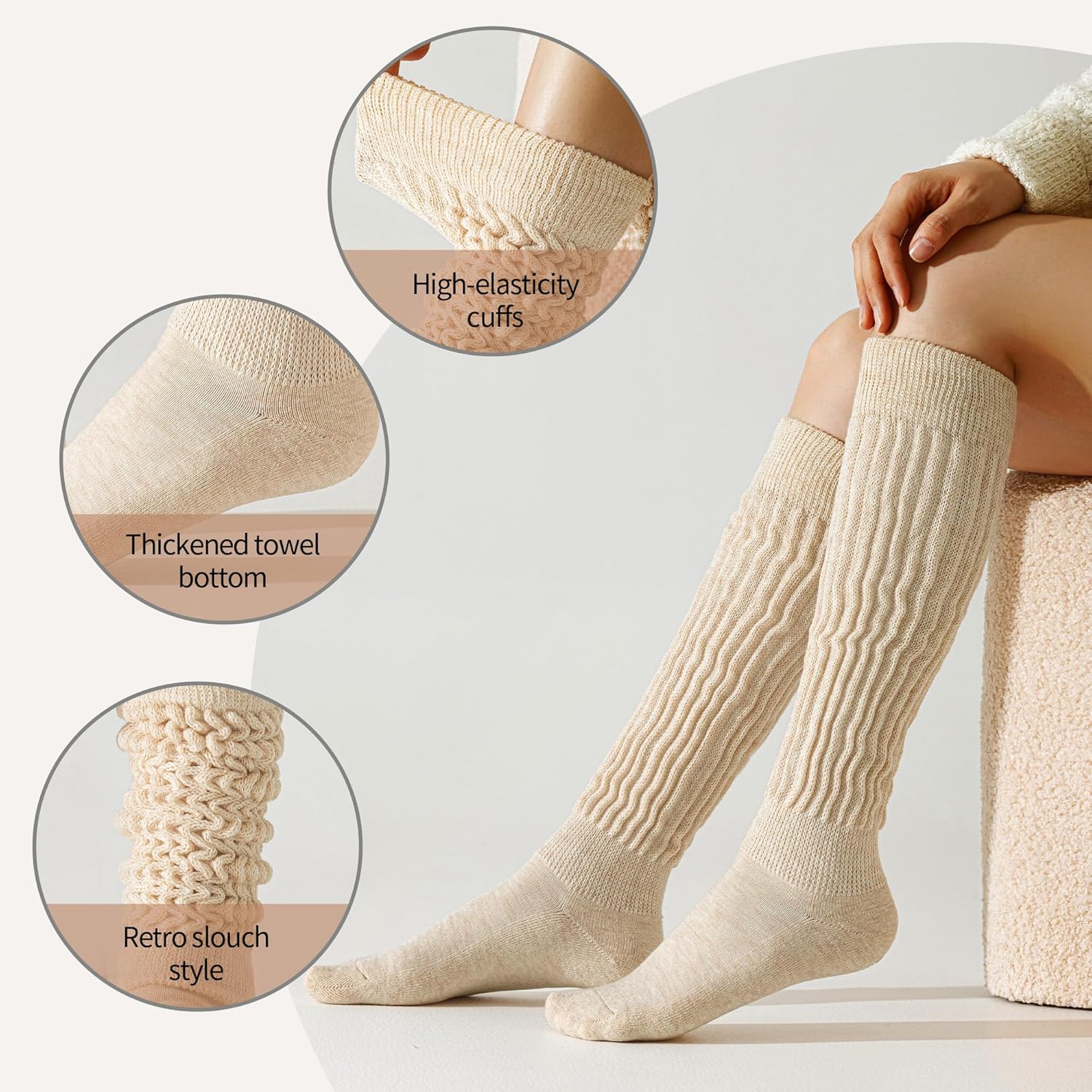 Merino Wool Slouch Socks for Women Soft Knee High Scrunch Warm Cozy Stacked Boot Socks 3 Pack - Image 3