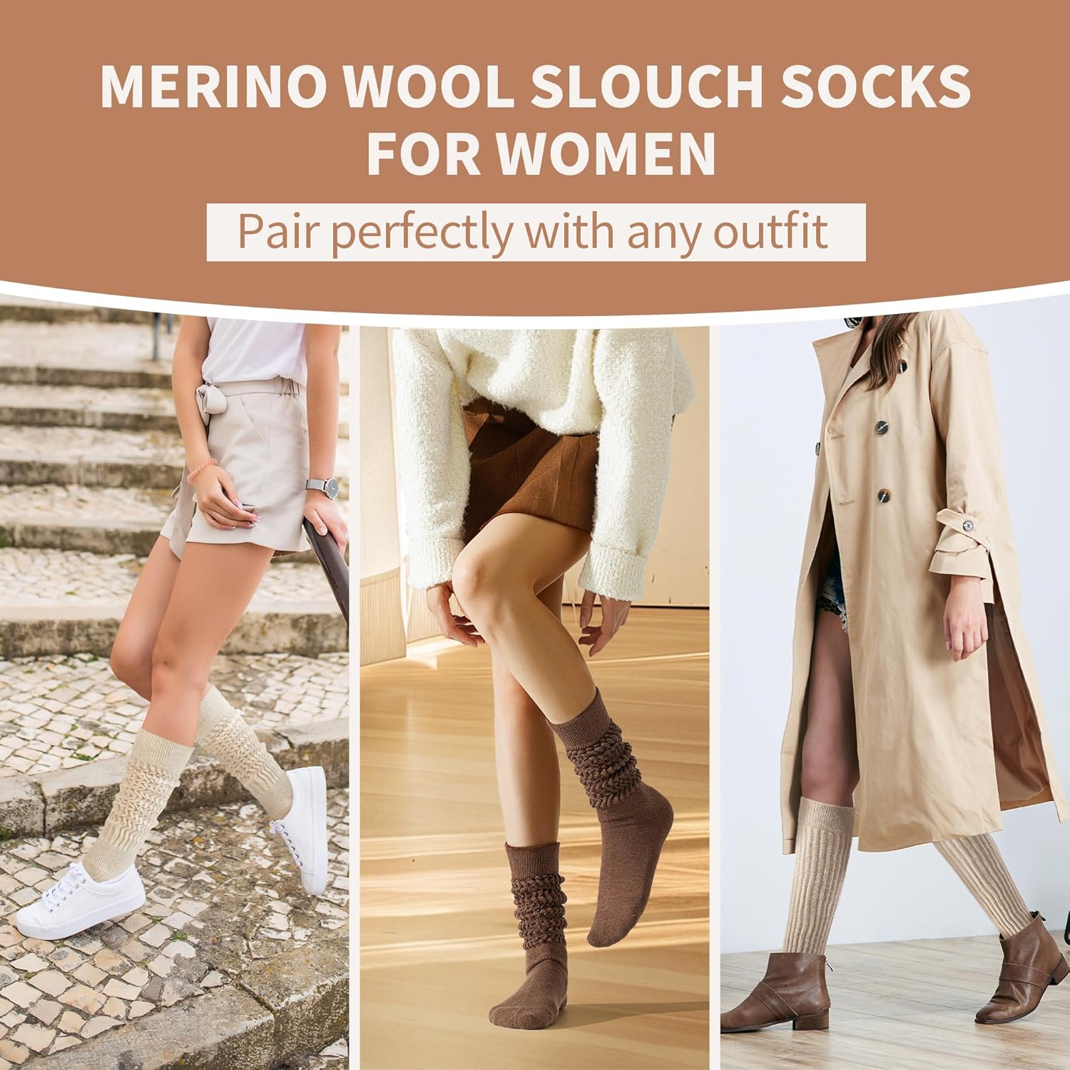 Merino Wool Slouch Socks for Women Soft Knee High Scrunch Warm Cozy Stacked Boot Socks 3 Pack - Image 7