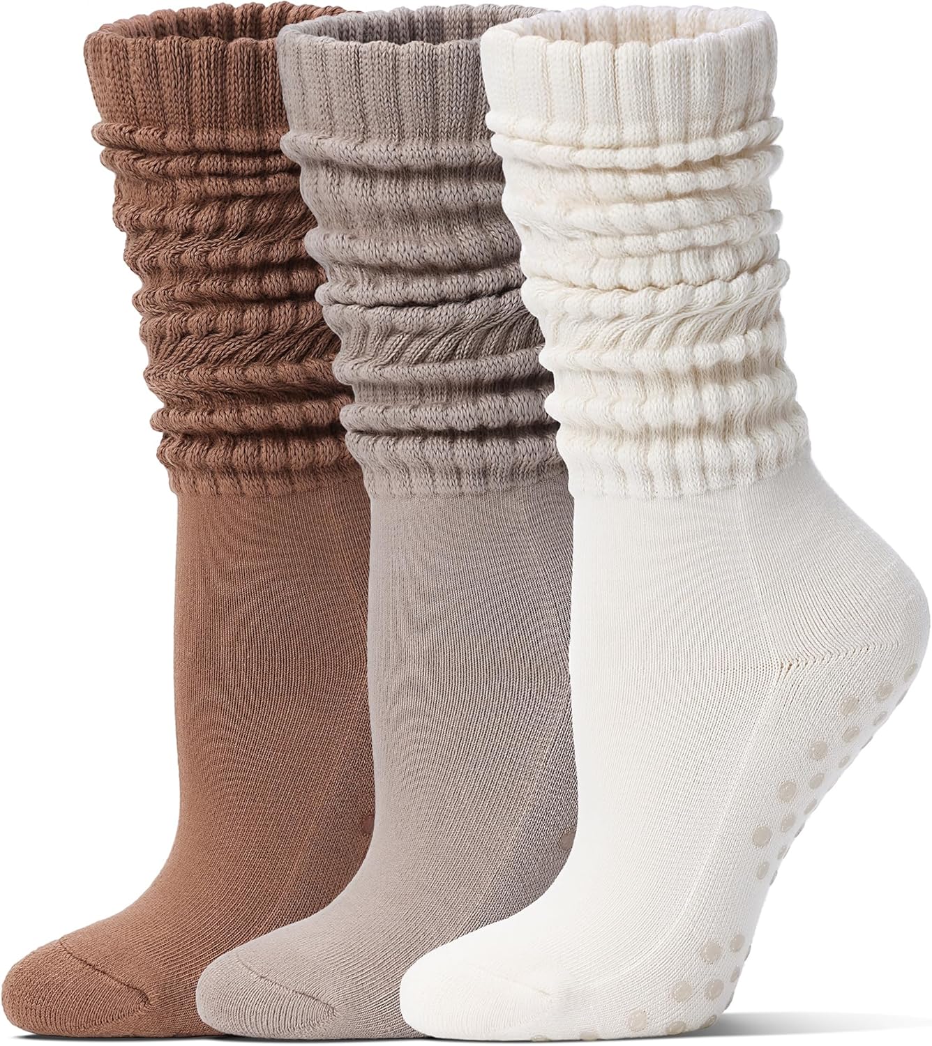 Pilates Socks with Grips for Women Long Slouch Non-Slip Yoga Barre Chioned Workout Scrunch Socks 3 Pairs - Image 1
