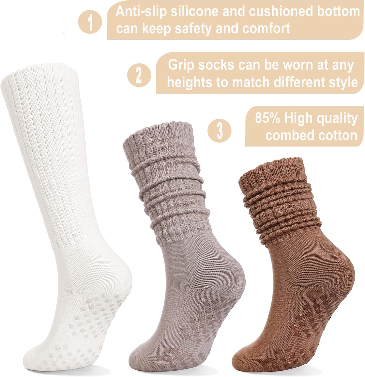 Pilates Socks with Grips for Women Long Slouch Non-Slip Yoga Barre Chioned Workout Scrunch Socks 3 Pairs - Image 3