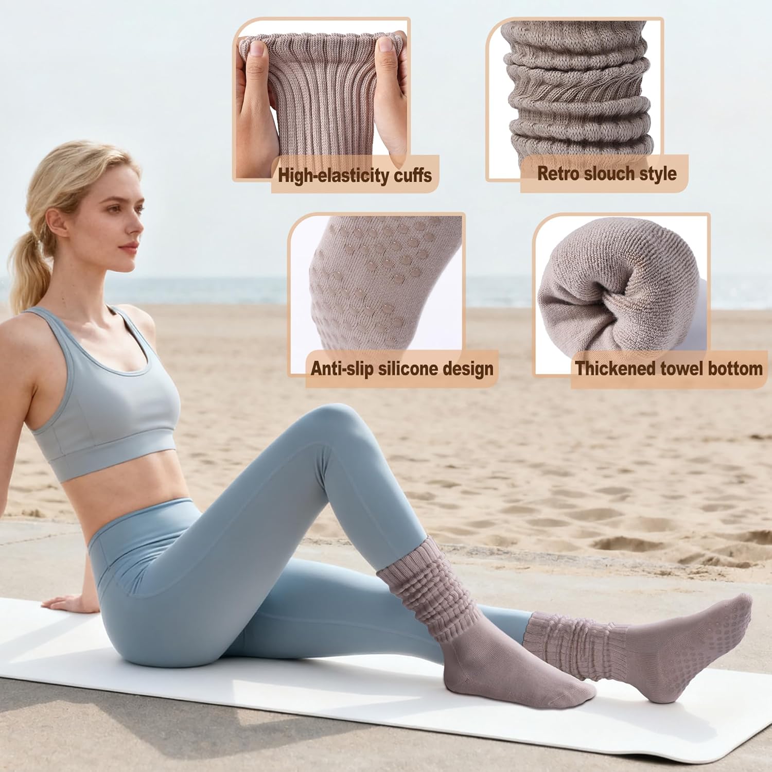 Pilates Socks with Grips for Women Long Slouch Non-Slip Yoga Barre Chioned Workout Scrunch Socks 3 Pairs - Image 4