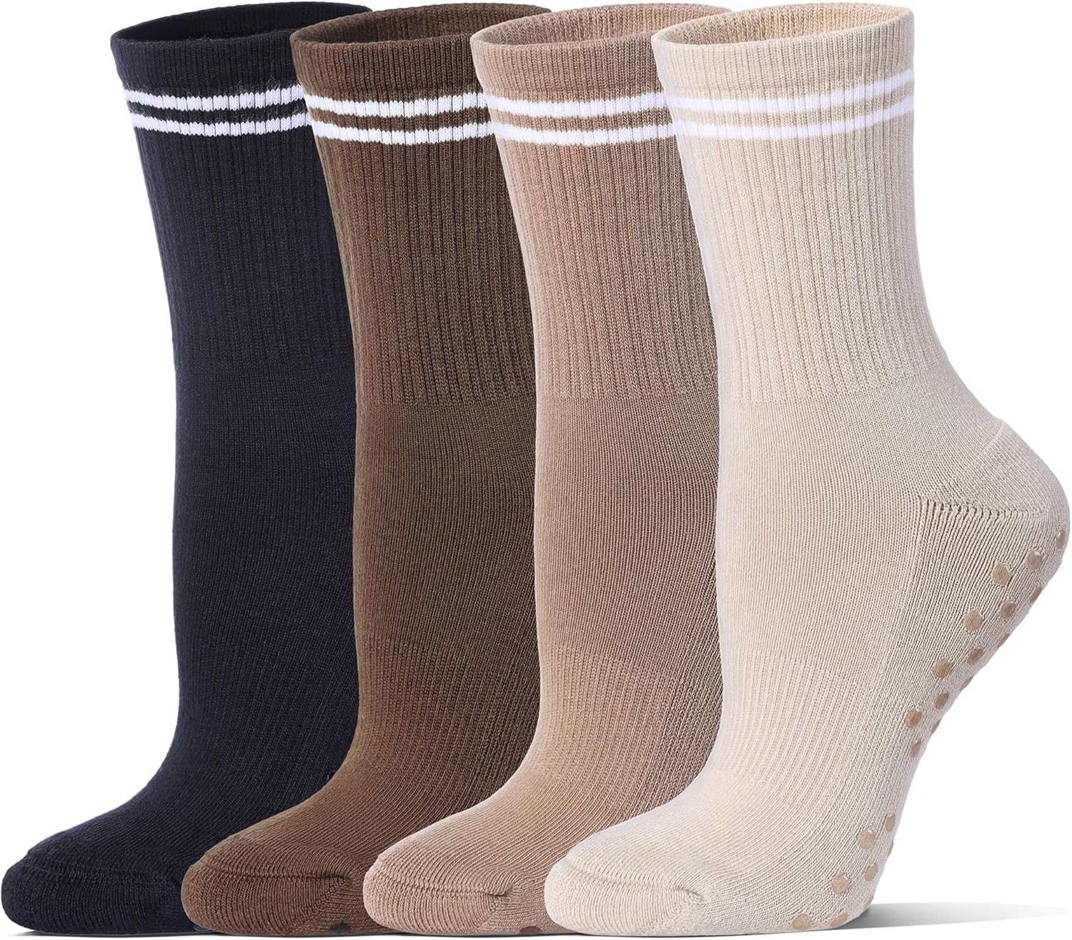 Pilates Grippy Socks for Women Striped Crew Cotton Chioned Non-Slip Yoga Barre Workout Socks 4 Pairs - Image 1