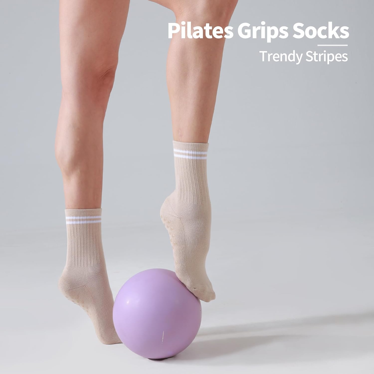 Pilates Grippy Socks for Women Striped Crew Cotton Chioned Non-Slip Yoga Barre Workout Socks 4 Pairs - Image 3