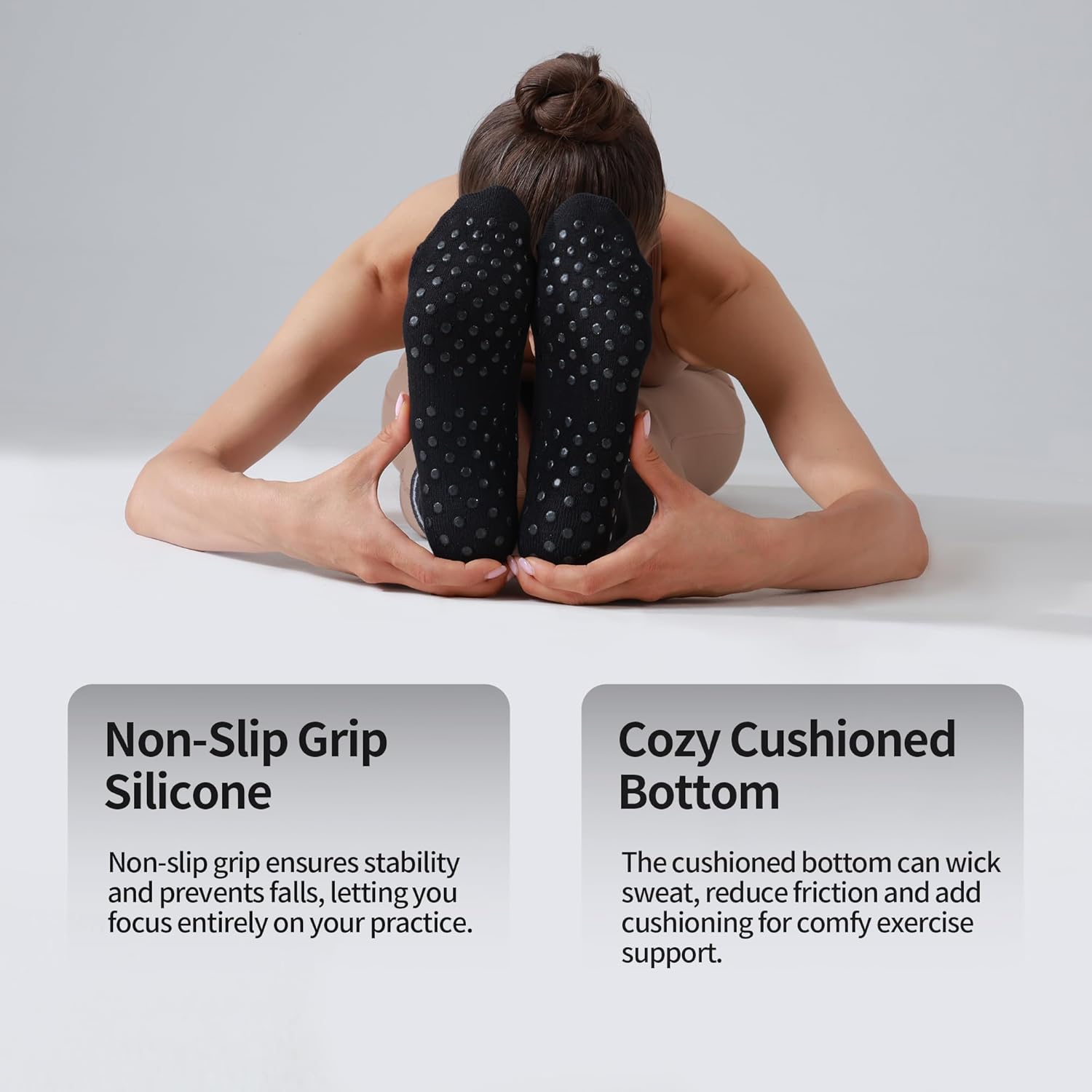 Pilates Grippy Socks for Women Striped Crew Cotton Chioned Non-Slip Yoga Barre Workout Socks 4 Pairs - Image 4