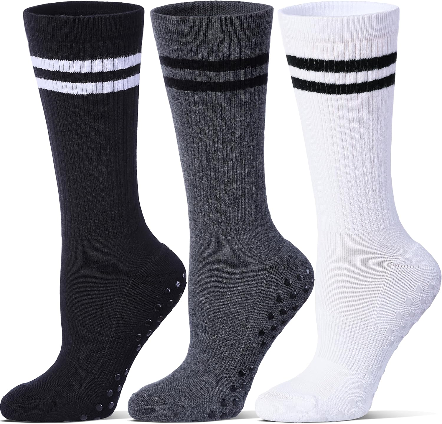 Pilates Grip Socks for Women,Striped Yoga Non Slip Chioned Long Socks for Barre, Dance, Workout 3 Pairs - Image 1