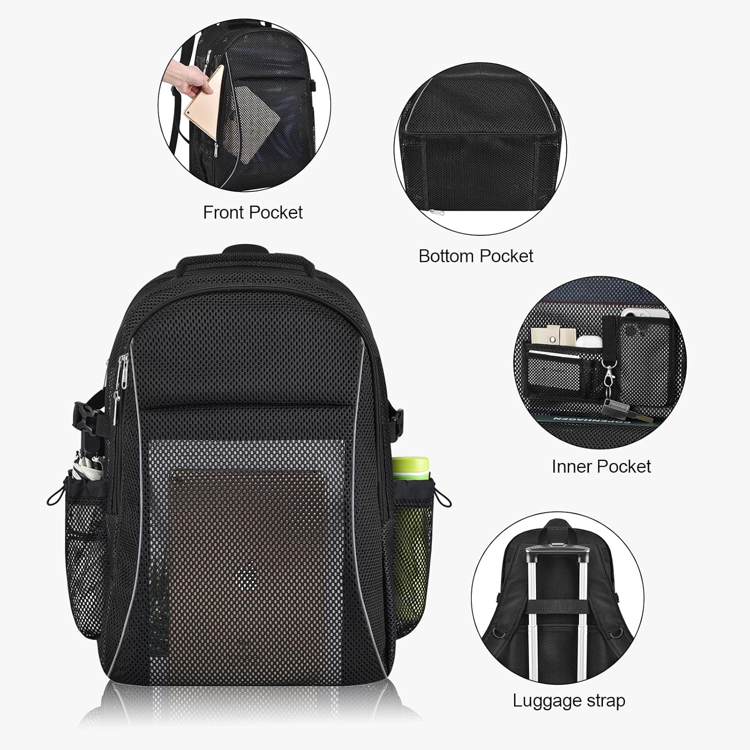 Heavy Duty X-Large Mesh Backpacks for Adults,Semi-Transparent college Backpacks with Rain cover for School, Beach, and Travel (X-Large) - Image 3