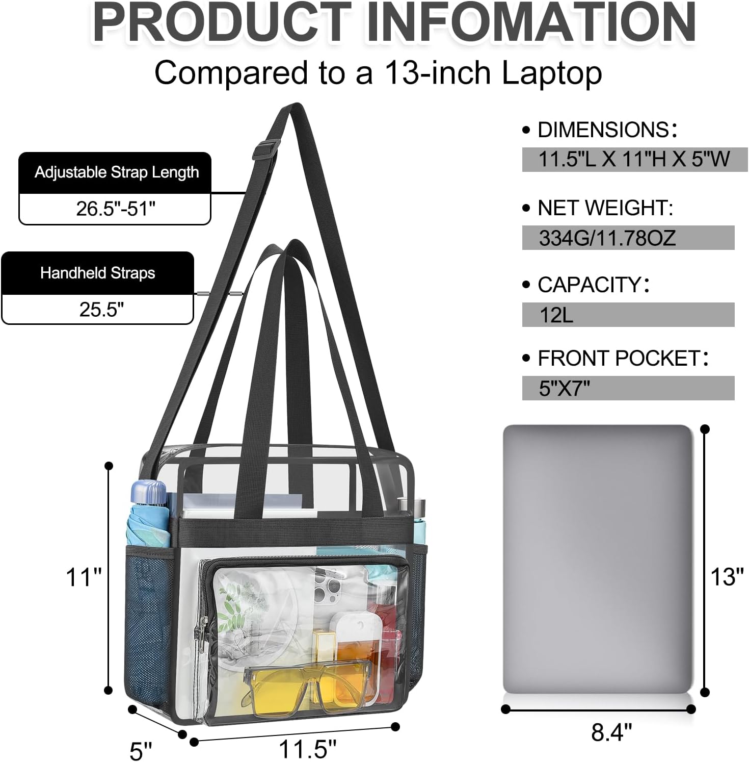 Clear Bag for Stadium Events, 12x6x12 Transparent Stadium Messenger Bag for Concerts, Work, Sports Games, Gym - Image 2