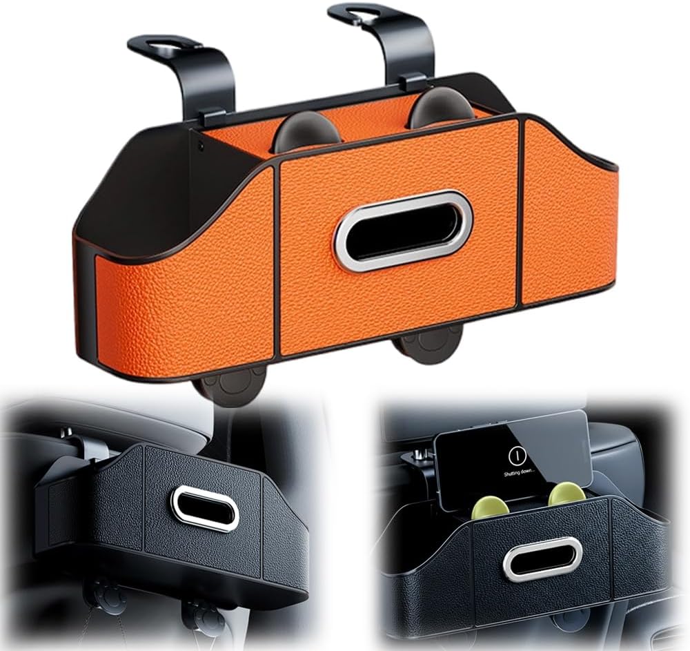 Multifunctional Car Back Seat Storage Organize with Tissue Holder, 2 Cup Holders and Purse Hooks, For Phones, Snacks, Drinks, Bags, Travel Storage (Orange) - Image 1