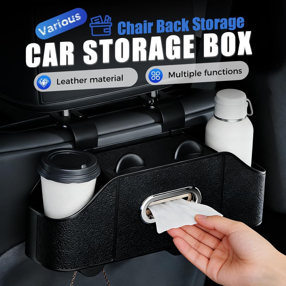 Multifunctional Car Back Seat Storage Organize with Tissue Holder, 2 Cup Holders and Purse Hooks, For Phones, Snacks, Drinks, Bags, Travel Storage (Orange) - Image 2