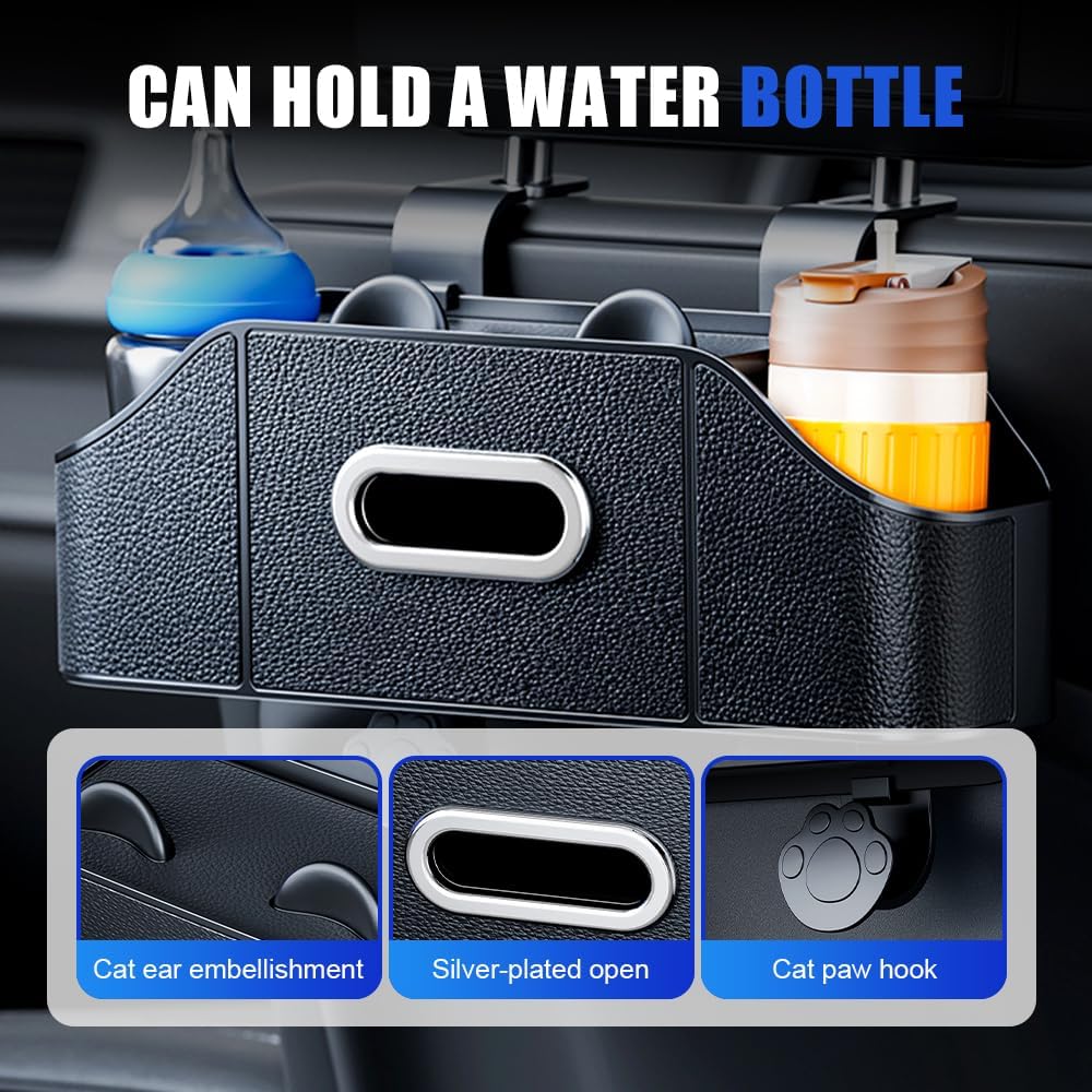 Multifunctional Car Back Seat Storage Organize with Tissue Holder, 2 Cup Holders and Purse Hooks, For Phones, Snacks, Drinks, Bags, Travel Storage (Orange) - Image 6