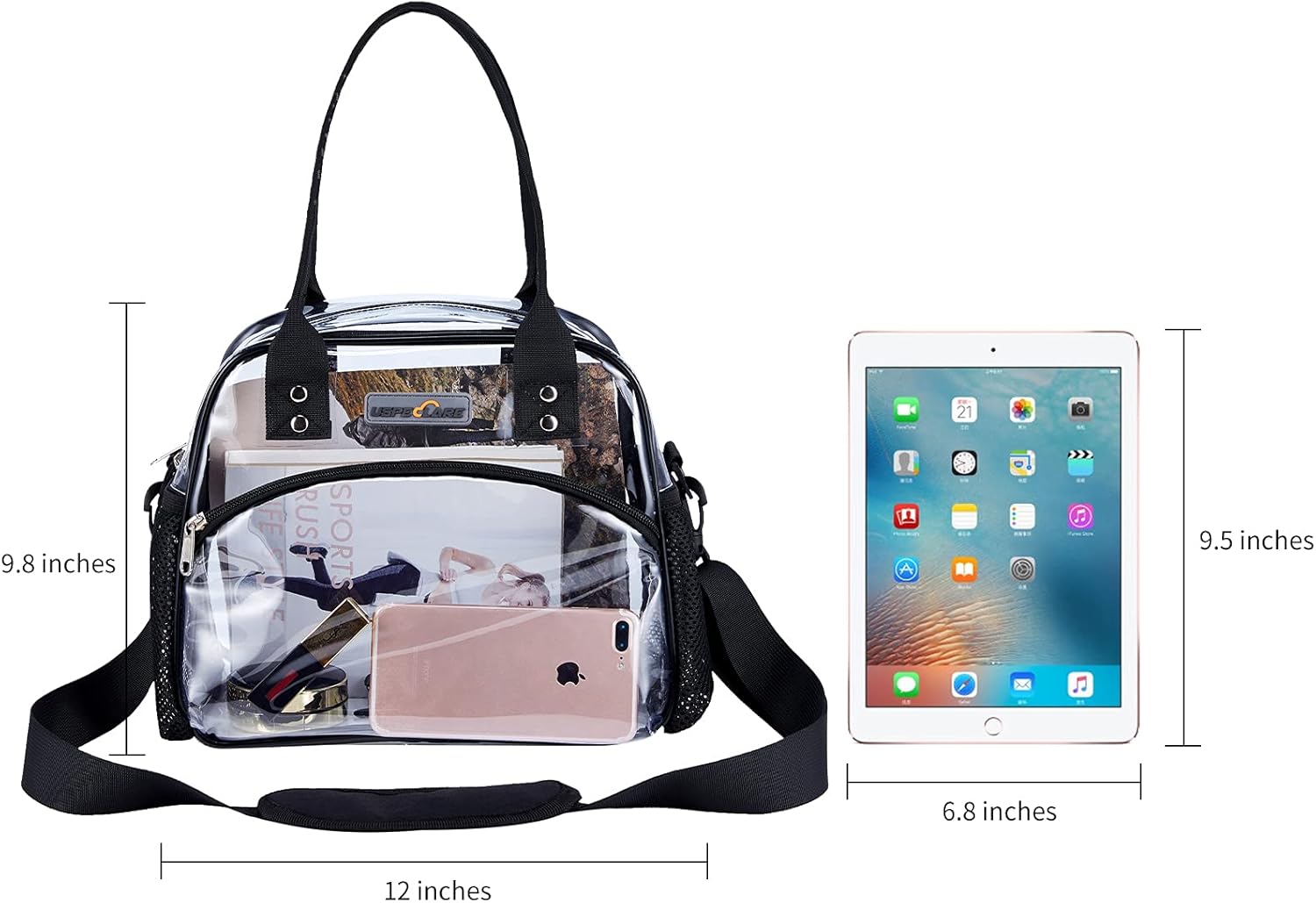 Clear Multi-purpose Tote Bag, Transparent Lunch Bag with Removable Bottom Board, Adjtable Shoulder Strap, Stadium Approved, 12 * 9.8 * 6 Inches, 4.97L, Clear PVC, Hand Wash - Image 3