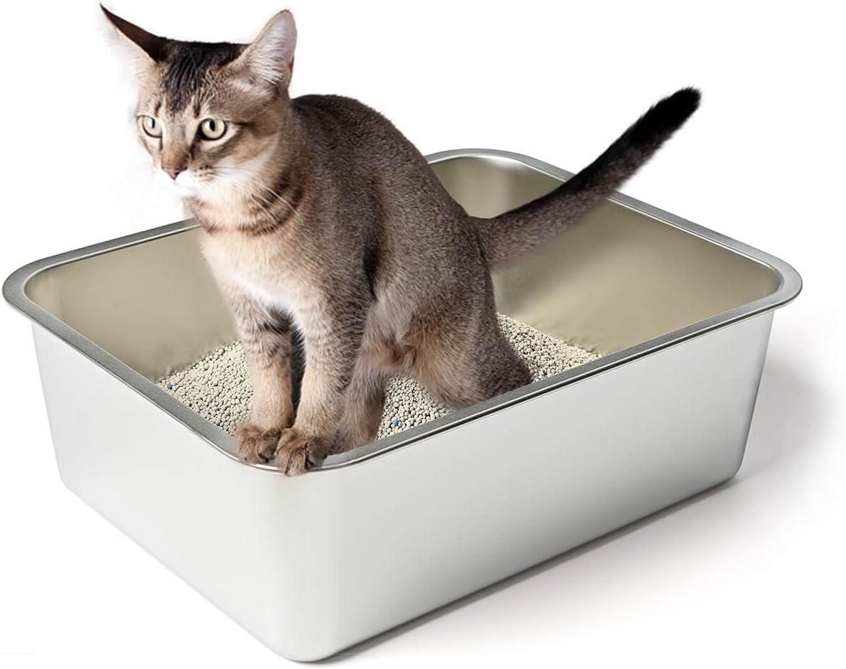 Stainless Steel Cat Litter Box, High Sides Kitten Toilet, Top Open Pet Tray, Non-Stick, Odorless, Rt-Resistant, Easy-Clean Pan, Silver Box (24x16x6 Inch) - Image 1