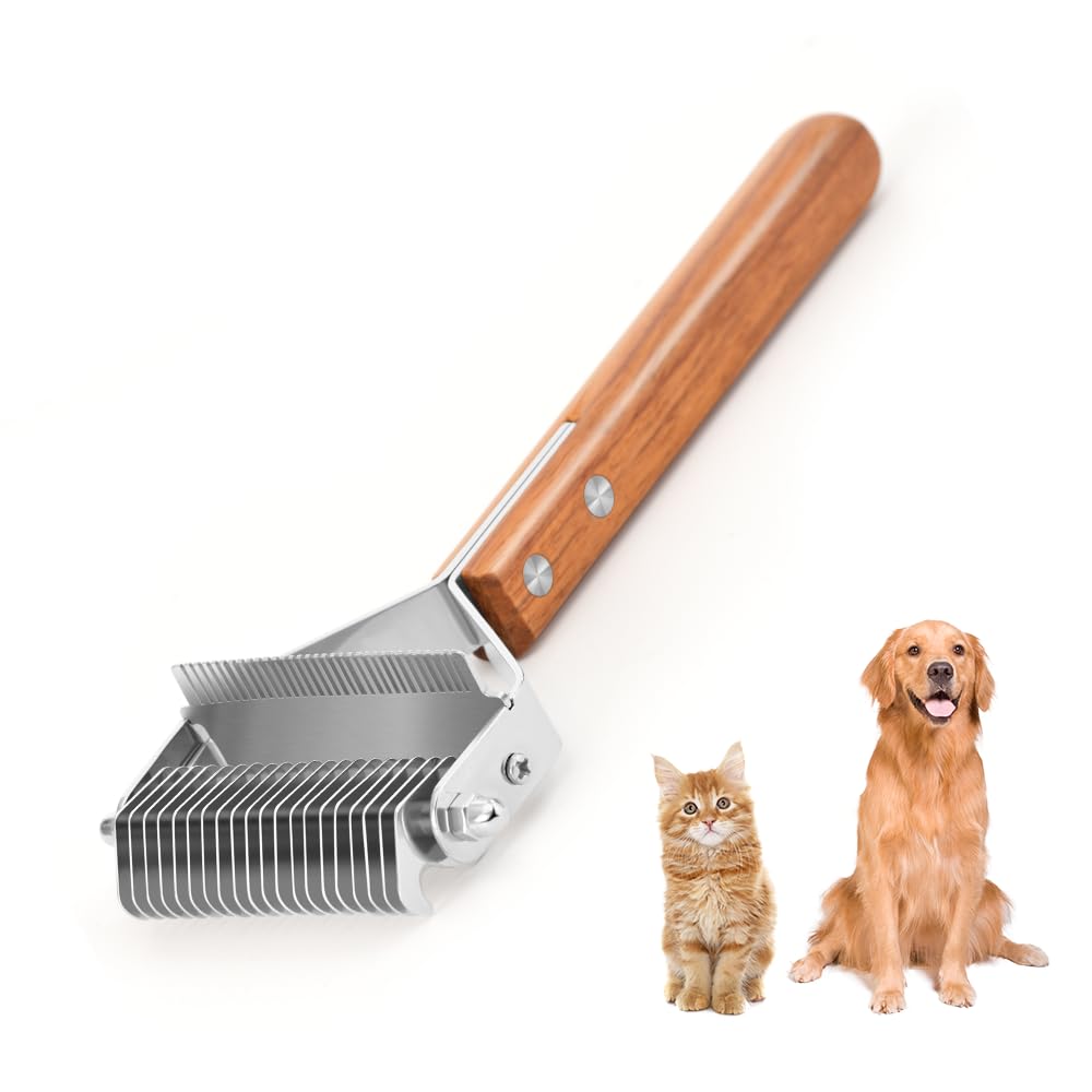 2-in-1 Dematting Comb & Shedding Brh, Undercoat Rake Grooming Tool with Wooden Handle for Dogs & Cats - Easily Removes Mats, Tangles, and Loose Hair - Image 1