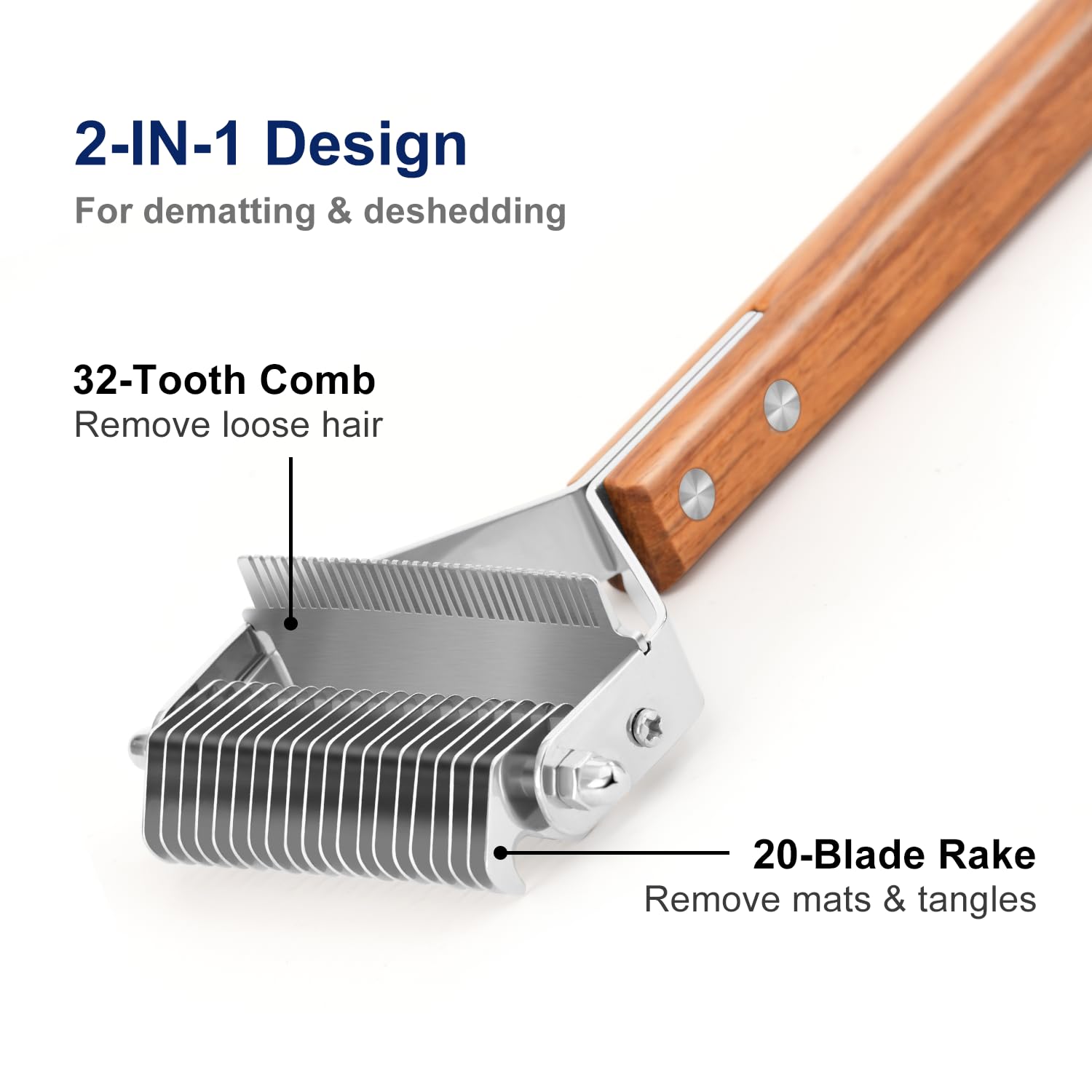 2-in-1 Dematting Comb & Shedding Brh, Undercoat Rake Grooming Tool with Wooden Handle for Dogs & Cats - Easily Removes Mats, Tangles, and Loose Hair - Image 2