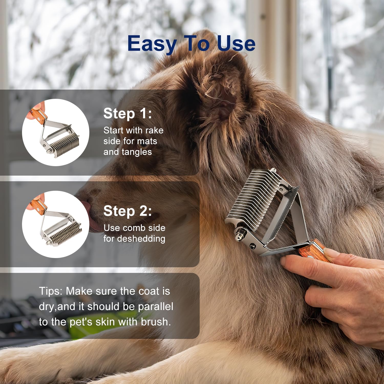 2-in-1 Dematting Comb & Shedding Brh, Undercoat Rake Grooming Tool with Wooden Handle for Dogs & Cats - Easily Removes Mats, Tangles, and Loose Hair - Image 5