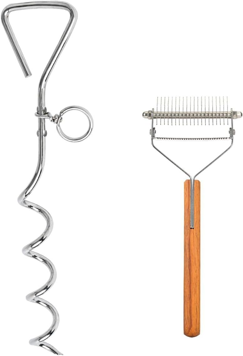 Dog Tie-Out Stake and 2-in-1 Shedding Grooming Tool - Image 1