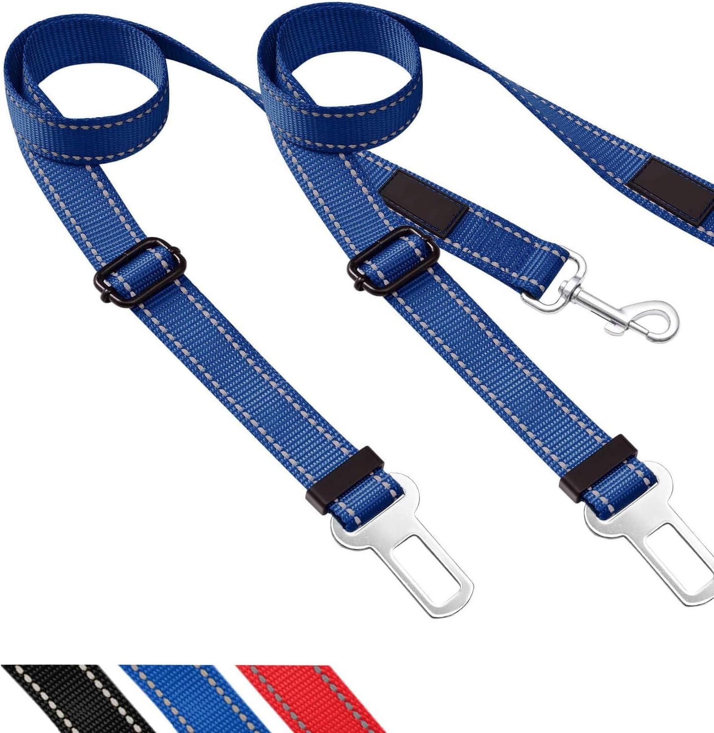 Dogs Cats Car Seat Belts, 2 Packs, Vehicle Harness, Pets Safety Seatbelts, Elastic, Adjtable, Compatibility, Durable Nylon, Paw safe, Tangle Free Black & Blue - Image 1