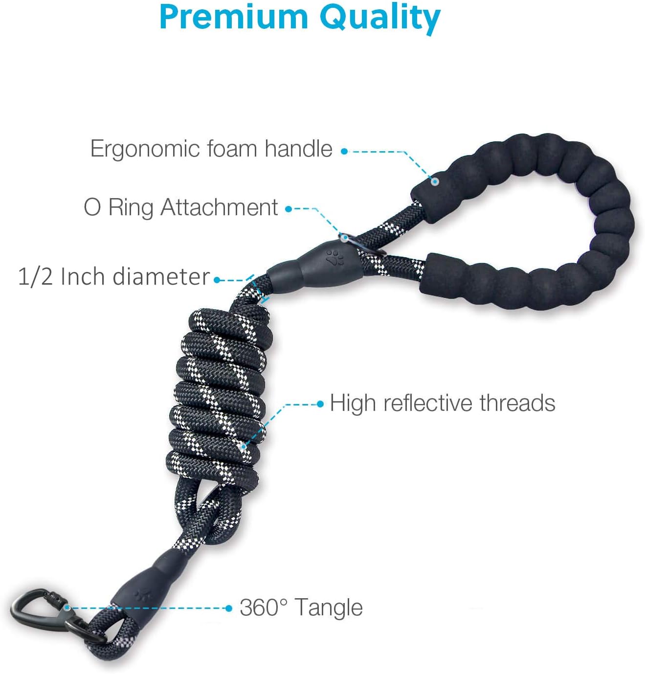 5 FT Strong Dog Leash with Comfortable Foam Handle and Highly Reflective Threads with Metal Clasp and Rubber Enhanced Joint Dog Leashes for Medium and Large Dogs Black - Image 5