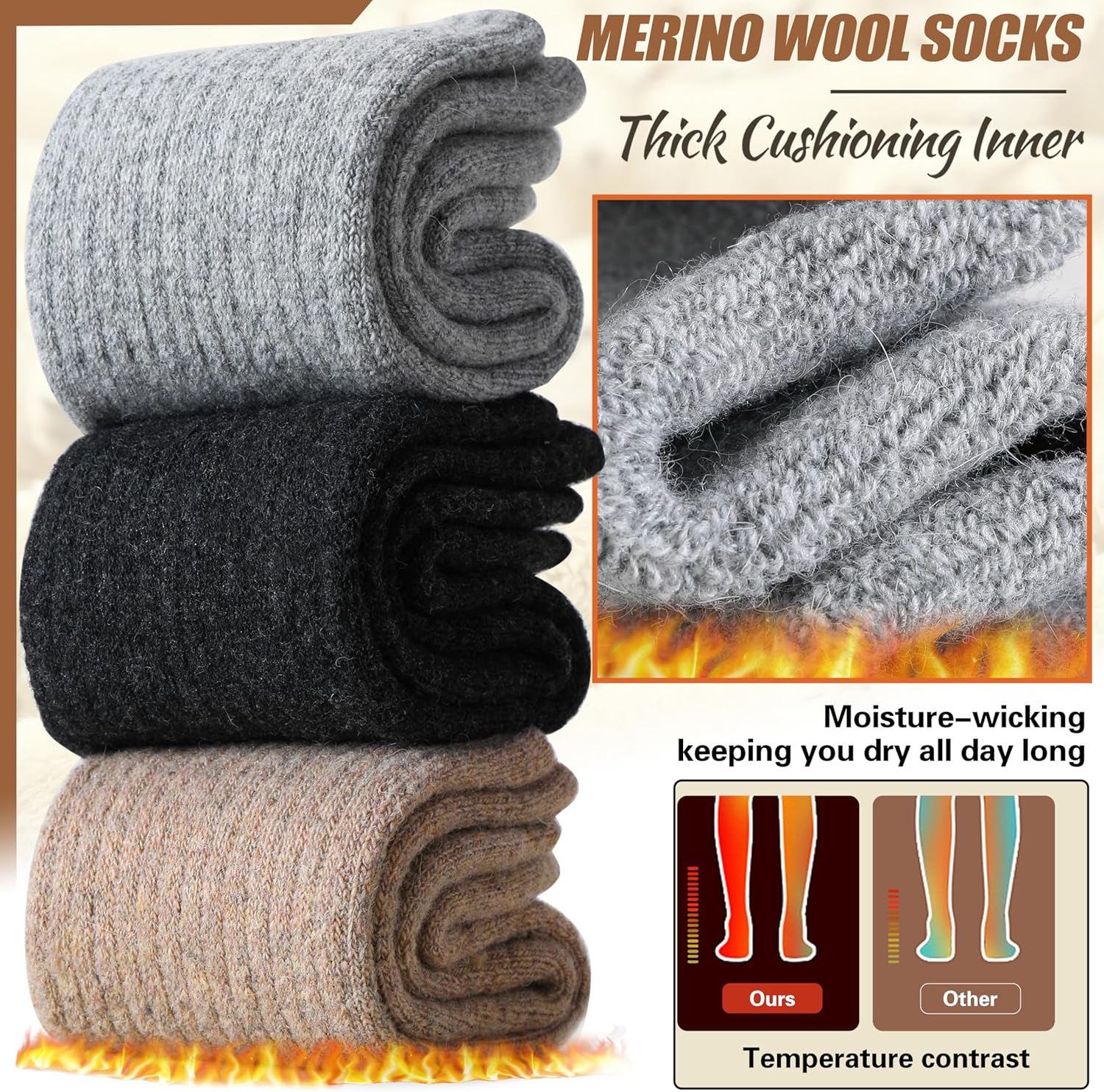Merino Wool Socks for Women Hiking Thermal Warm Winter Thick Boot Cozy Crew Comfy Work Socks for Ladies 5 Pairs - Image 2