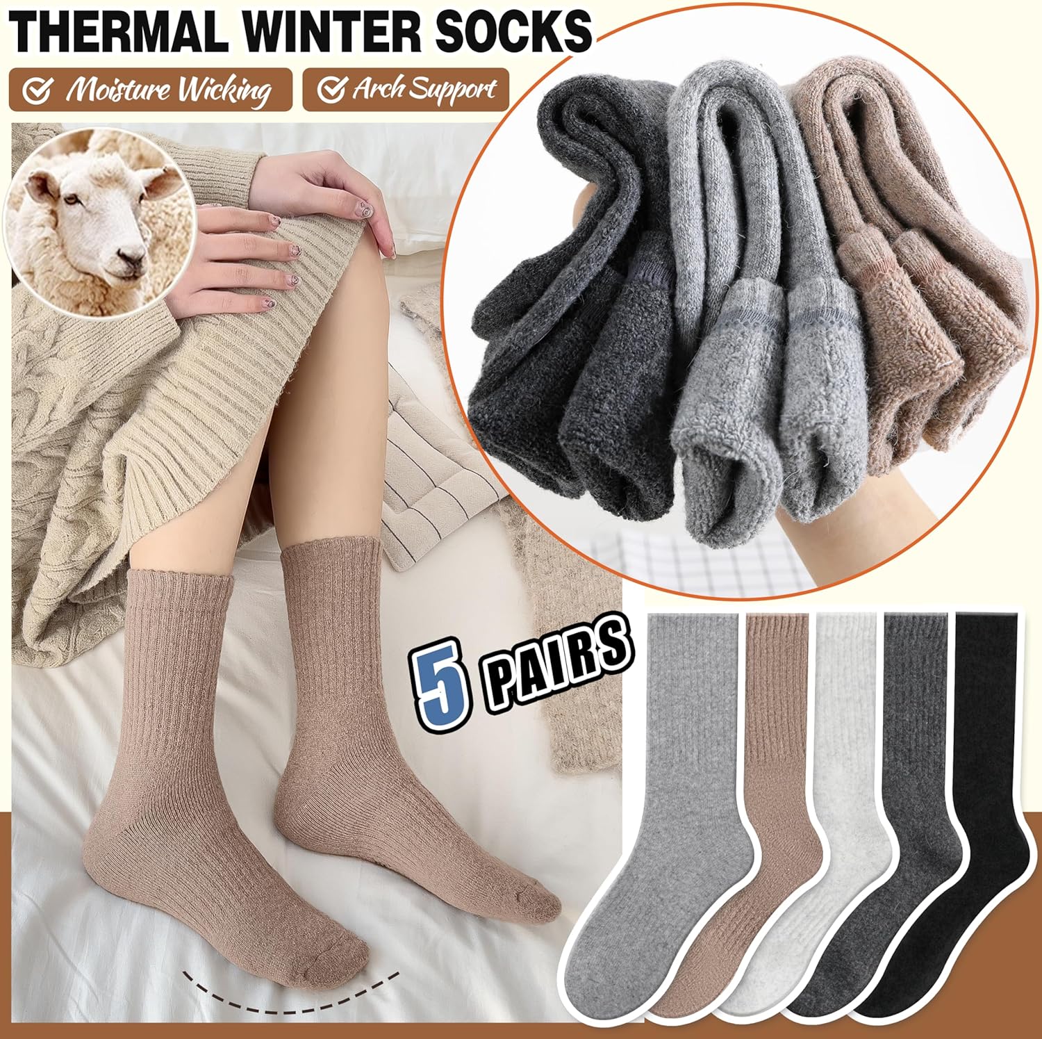 Merino Wool Socks for Women Hiking Thermal Warm Winter Thick Boot Cozy Crew Comfy Work Socks for Ladies 5 Pairs - Image 3