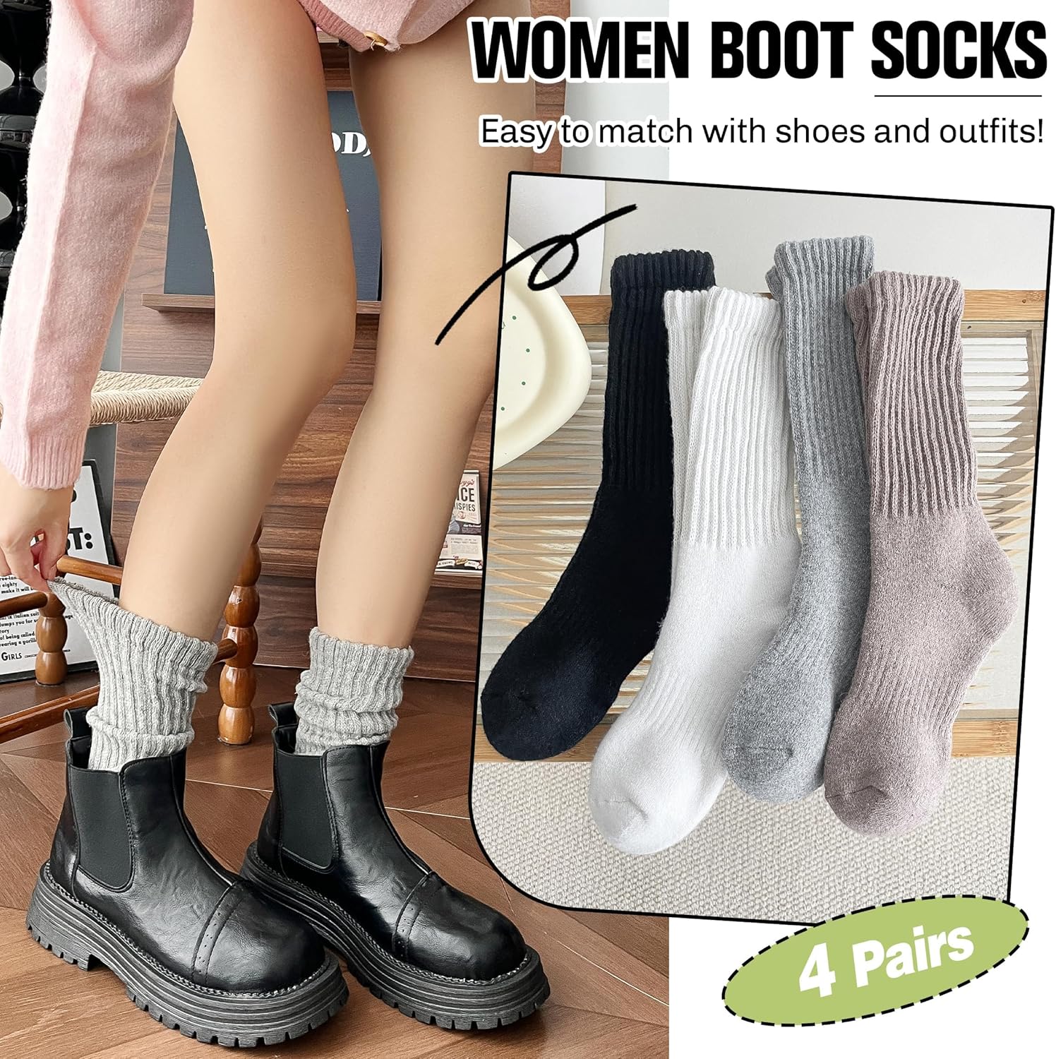 Merino Wool Slouch Boot Socks Thermal Warm Winter Thick Scrunch Cozy Crew Socks for Women 4 Pairs - Image 5