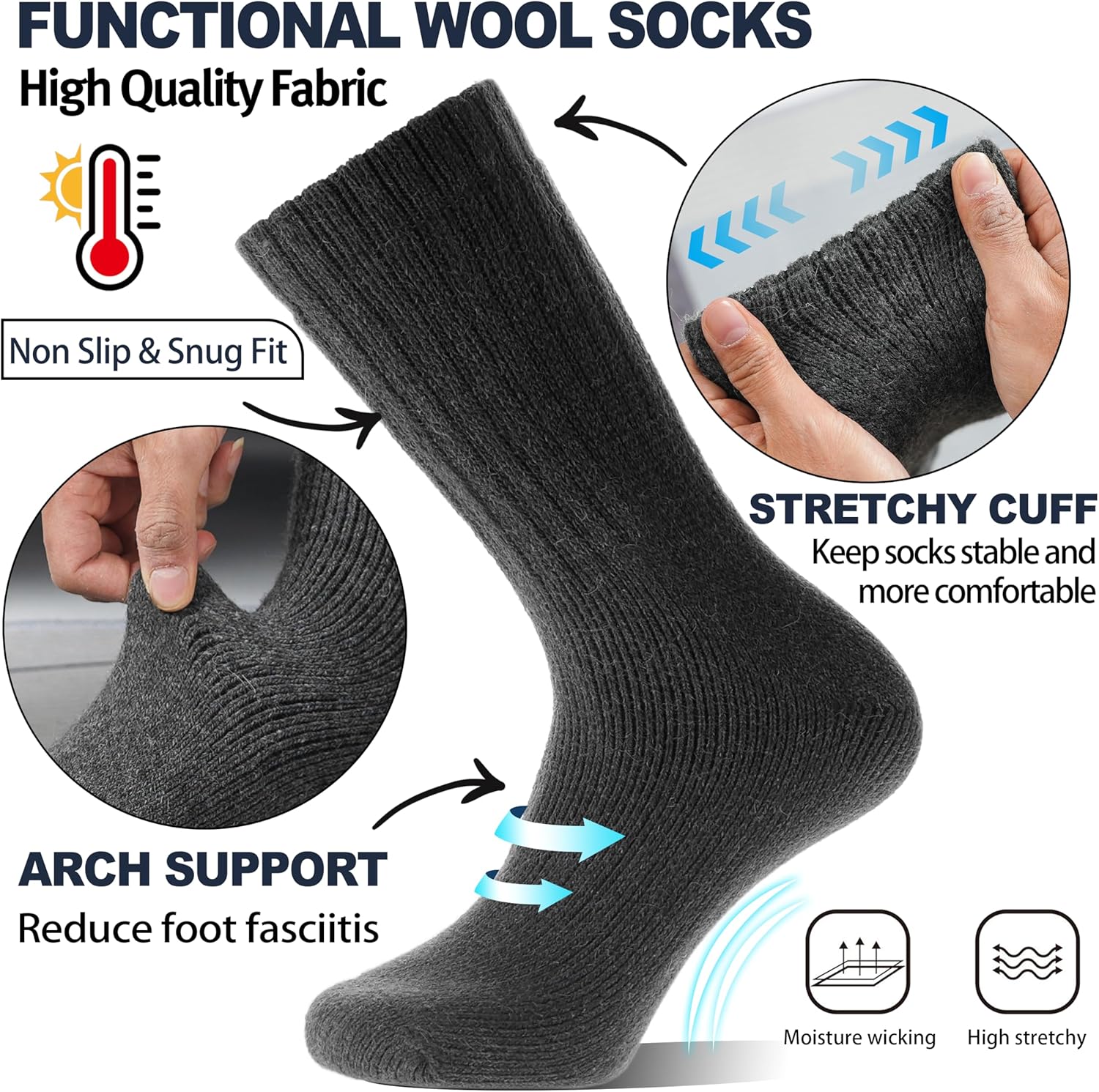 Men Merino Wool Socks Super Thick Thermal Hiking Winter Warm Boot Heavy Soft Cozy Socks for Cold Weather - Image 4