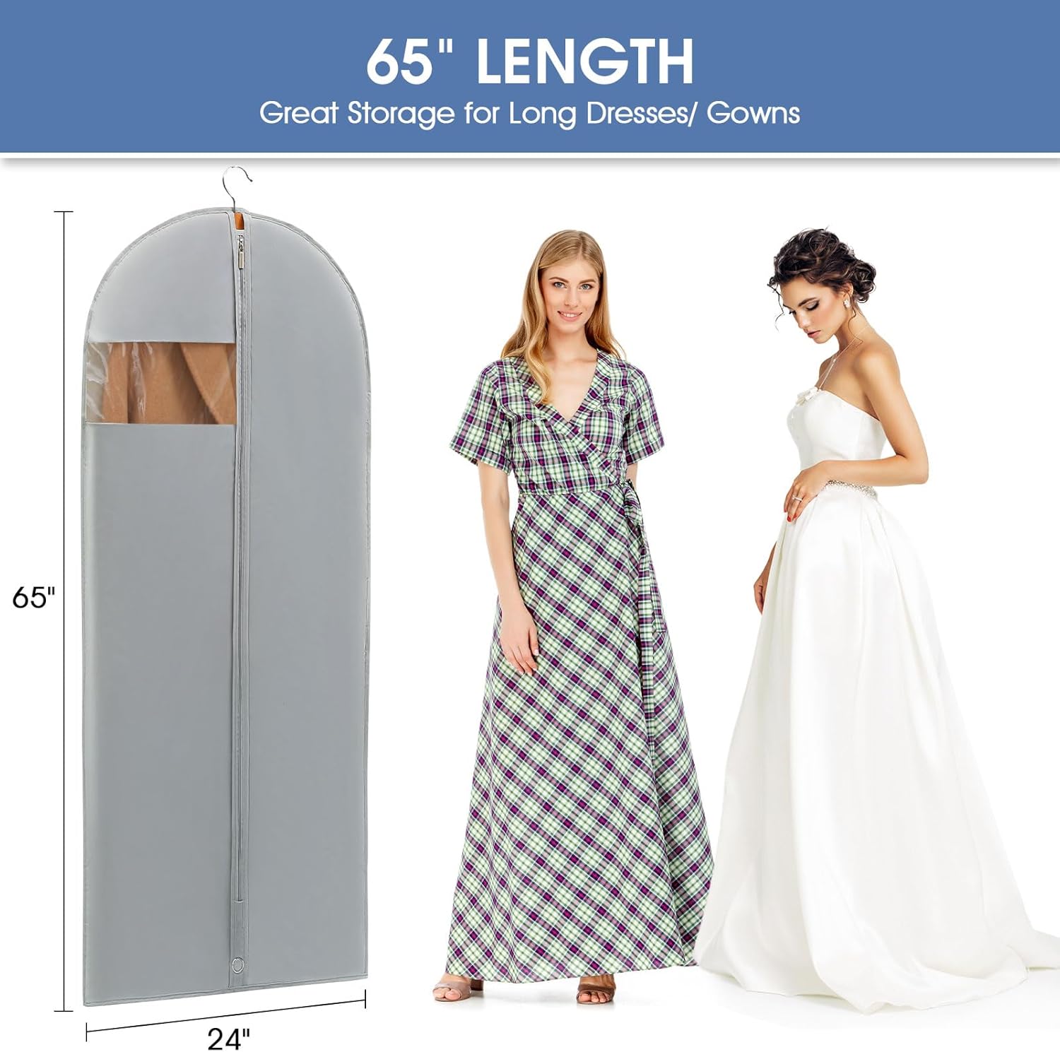 Dress Bags for Gowns, 65'' Long Garment Bags for Hanging Clothes, Dress Garment Bag, Grey Dress Cover with Clear Window for Dresses, Coats, Uniforms - 5 Pack - Image 2