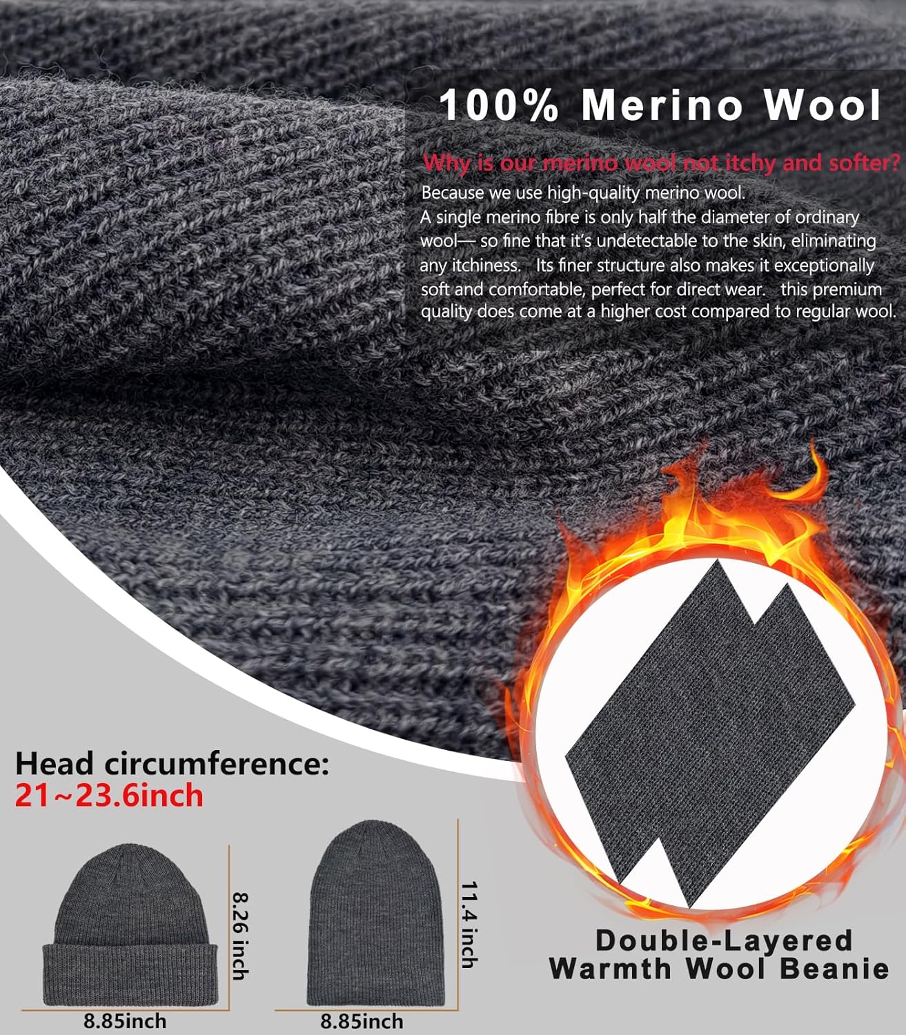 100% Merino Wool Beanie Hat for Women Men, Cuffed Knit Warm Winter Hats,Slouchy Beanies Fisherman Skull Cap Watch Caps - Image 2