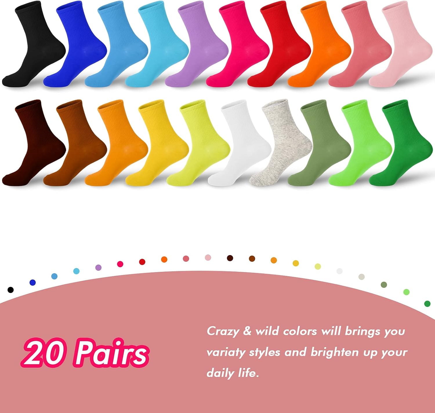 20 Pairs Womens Socks, Solid Color Crew Socks Colorful Lightweight Cotton Athletic Socks - Image 2