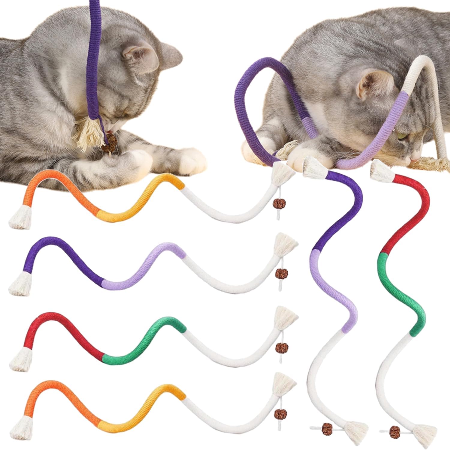 6Pcs Rope Cat Chew Toys, Multi-Color Interactive Cat Toy for 28 Inches, Safe Teeth Cleaning Toy for All Breeds (Style A) - Image 1