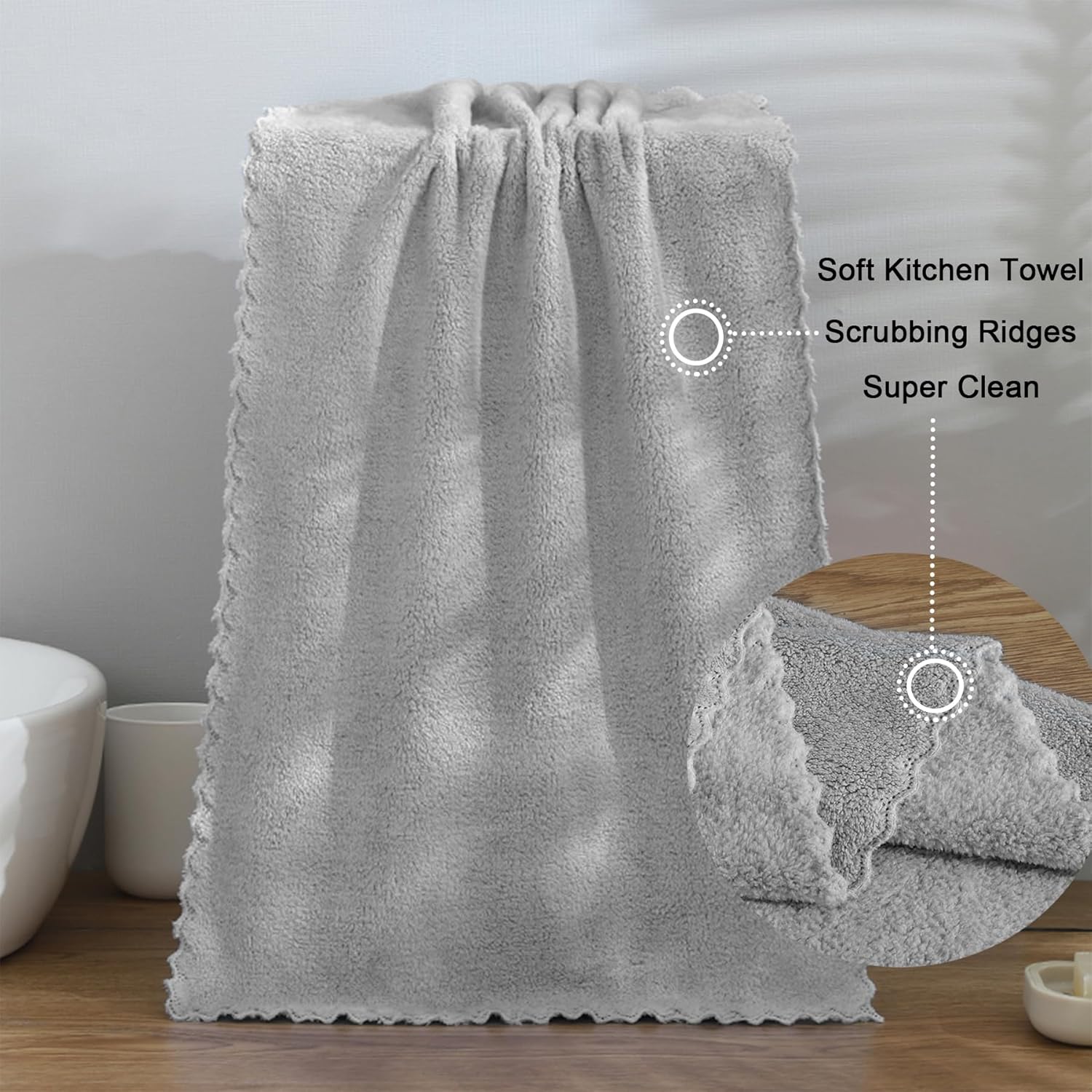 Kitchen Cloth Dish Towels, 13x28 Inches Premium Dishcloths, Super Absorbent Coral Velvet Microfiber Cleaning Cloths, Fast Drying Rags for Washing Dishes (13x28-6 Pack, Grey) - Image 6