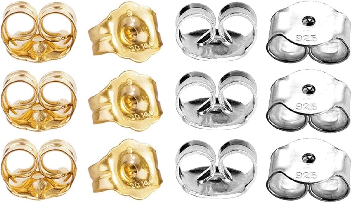 14K Gold 925 Sterling Silver Earring Backs Pierced Earring Backing Hypoallergenic Butterfly Ear Stud Backs for Studs (6 pcs 14K Gold, 6 pcs 925 Sterling Silver) - Image 1