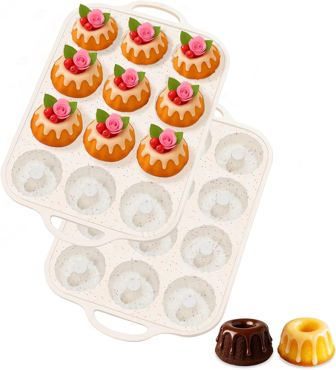 Silicone Mini Fluted Tube Pan with Metal Reinforced Frame, Non-Stick (2PCS), moldes de silicona para gelatina, Small Cake Baking Pan for para chocoflan, Donuts, Cornbread, Brownies, Jellies - Image 1