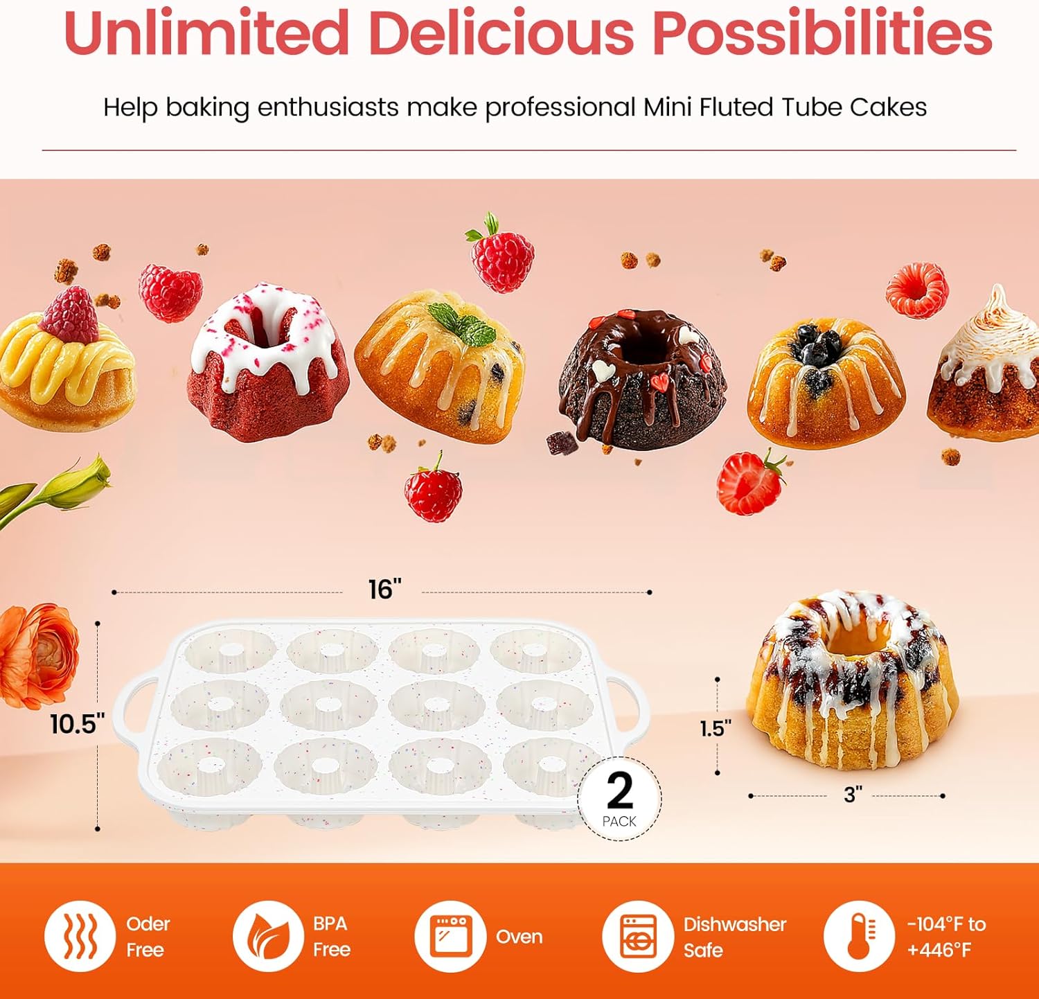 Silicone Mini Fluted Tube Pan with Metal Reinforced Frame, Non-Stick (2PCS), moldes de silicona para gelatina, Small Cake Baking Pan for para chocoflan, Donuts, Cornbread, Brownies, Jellies - Image 7