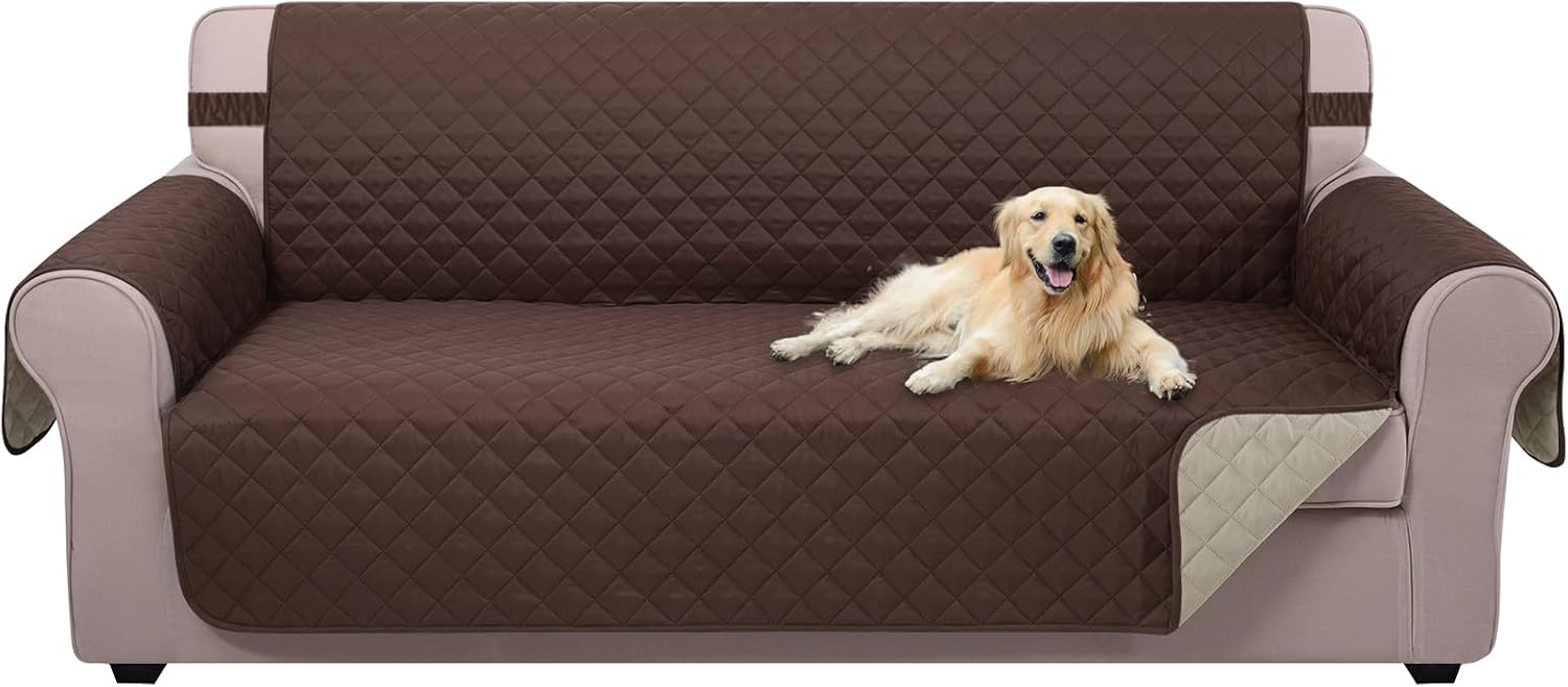 Reversible Sofa Cover Washable Couch Cover for Dogs Friendly with Elastic Straps Water Repellent Furniture Protector for 3 Chion Couch (Sofa, Coffee/Beige) - Image 1