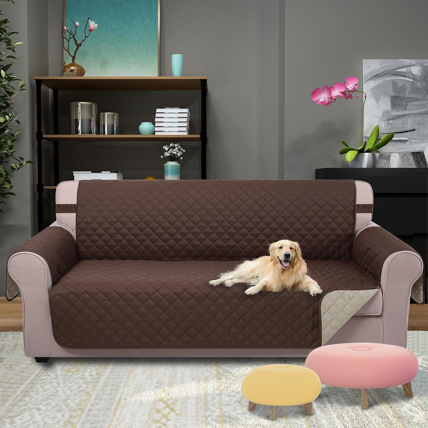 Reversible Sofa Cover Washable Couch Cover for Dogs Friendly with Elastic Straps Water Repellent Furniture Protector for 3 Chion Couch (Sofa, Coffee/Beige) - Image 2