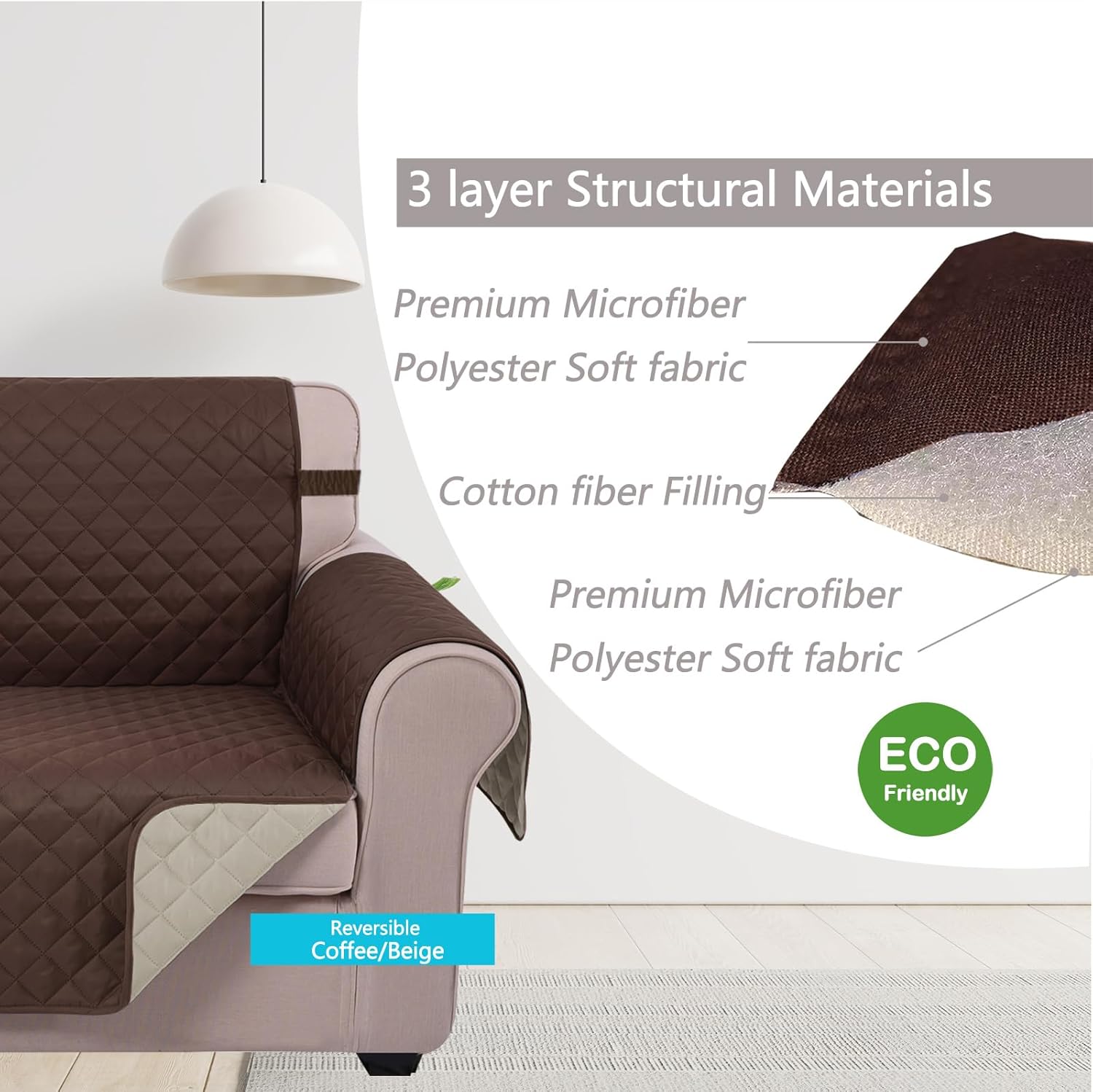 Reversible Sofa Cover Washable Couch Cover for Dogs Friendly with Elastic Straps Water Repellent Furniture Protector for 3 Chion Couch (Sofa, Coffee/Beige) - Image 3