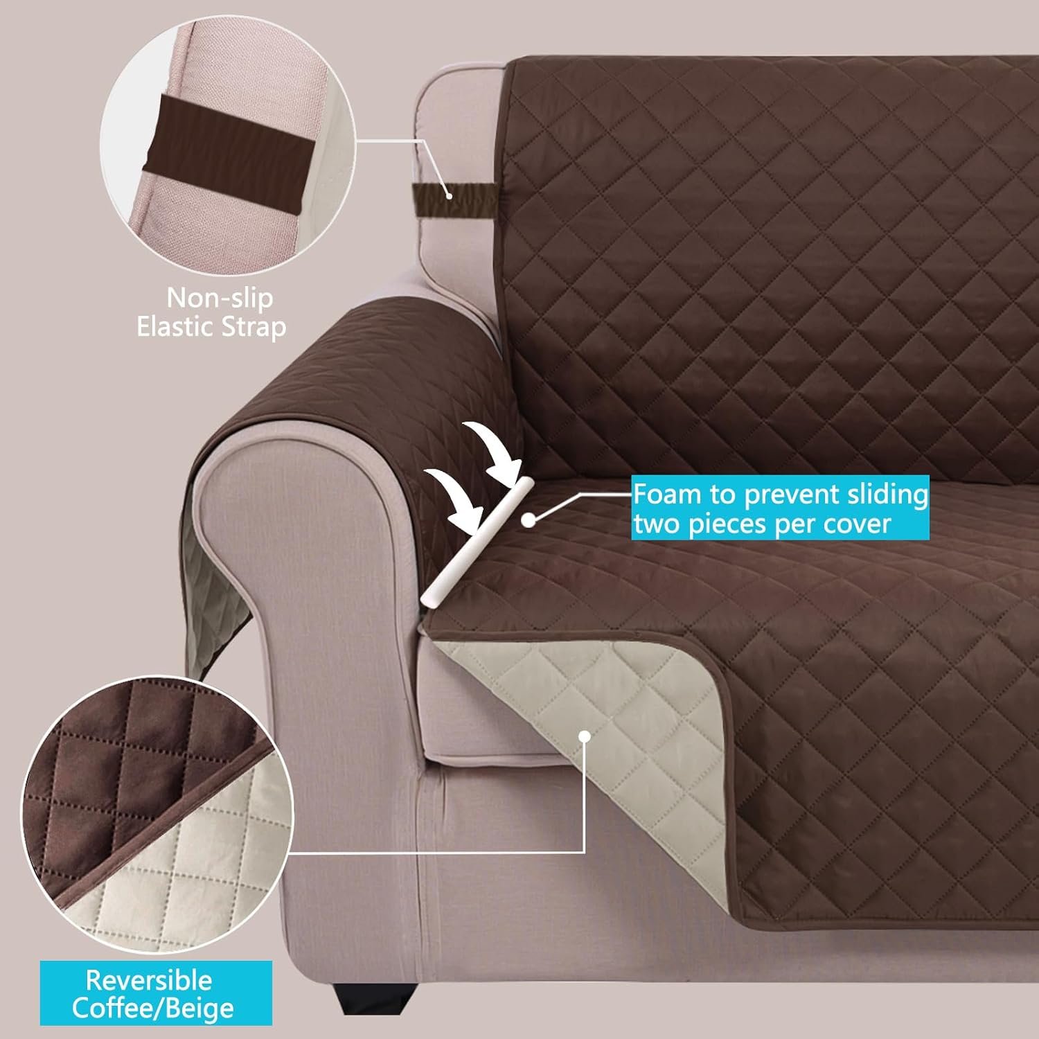 Reversible Sofa Cover Washable Couch Cover for Dogs Friendly with Elastic Straps Water Repellent Furniture Protector for 3 Chion Couch (Sofa, Coffee/Beige) - Image 4