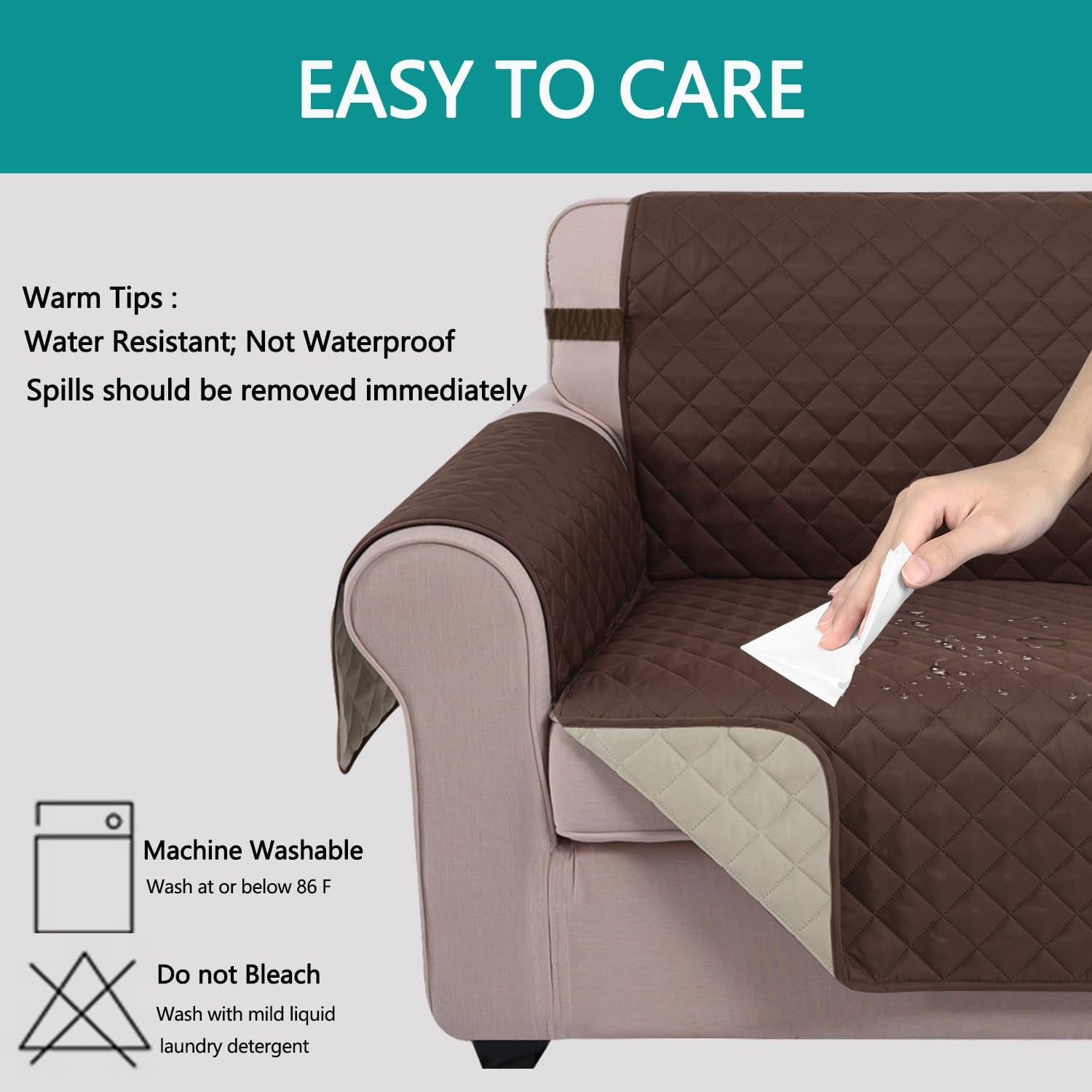 Reversible Sofa Cover Washable Couch Cover for Dogs Friendly with Elastic Straps Water Repellent Furniture Protector for 3 Chion Couch (Sofa, Coffee/Beige) - Image 5