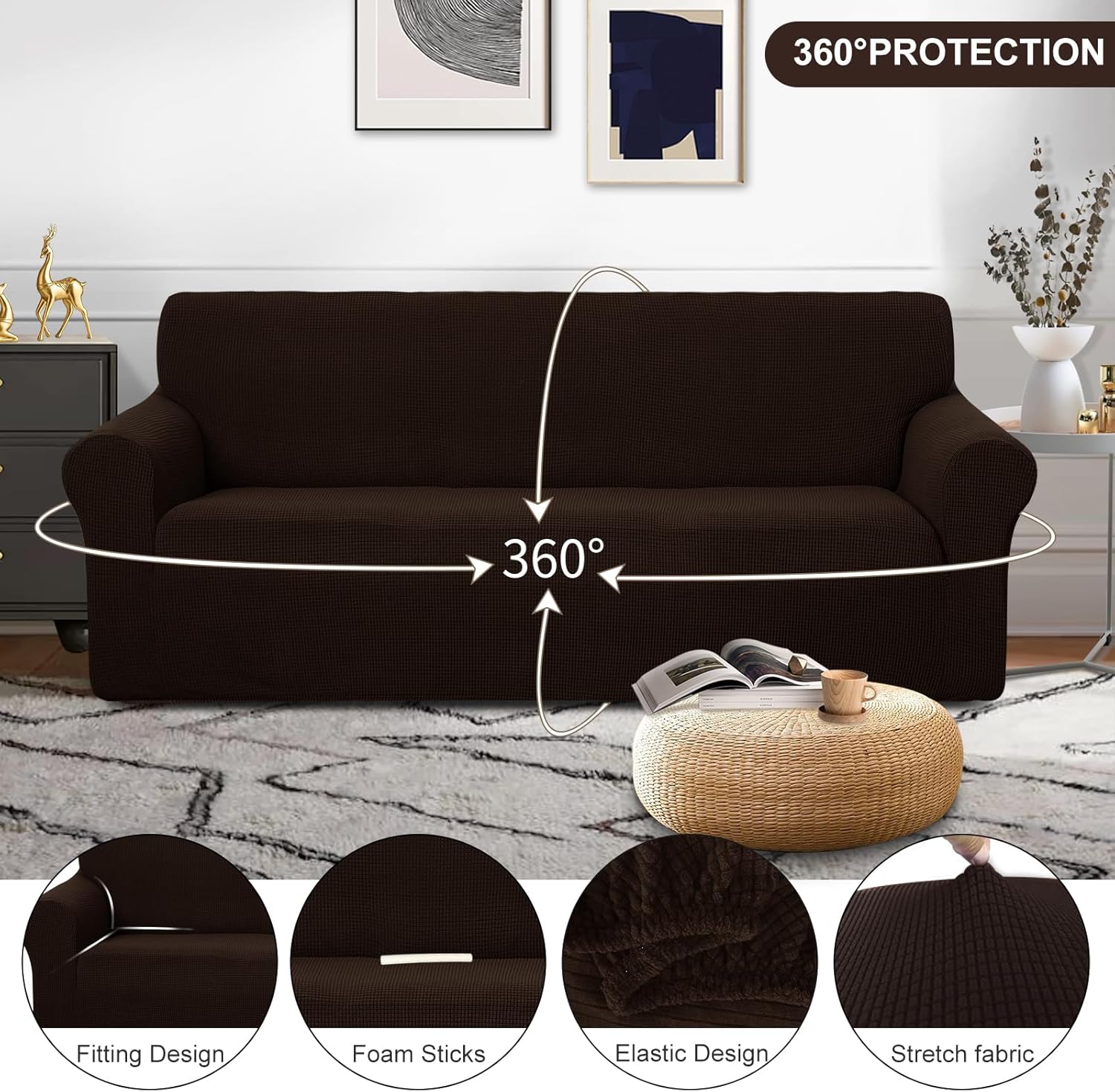 Stretch Couch Cover Sofa Cover Washable Sofa Slipcover Furniture Protector for 3 Chion Couch Sofa Pet Friendly(Sofa, Chocolate) - Image 3