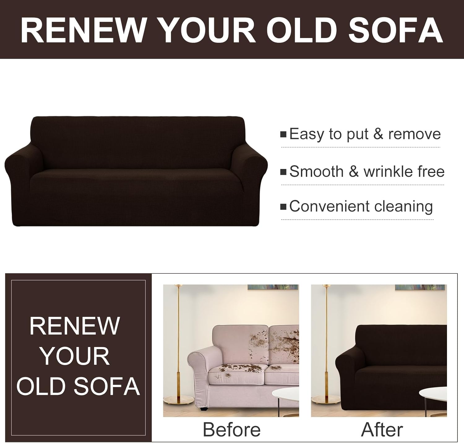 Stretch Couch Cover Sofa Cover Washable Sofa Slipcover Furniture Protector for 3 Chion Couch Sofa Pet Friendly(Sofa, Chocolate) - Image 5