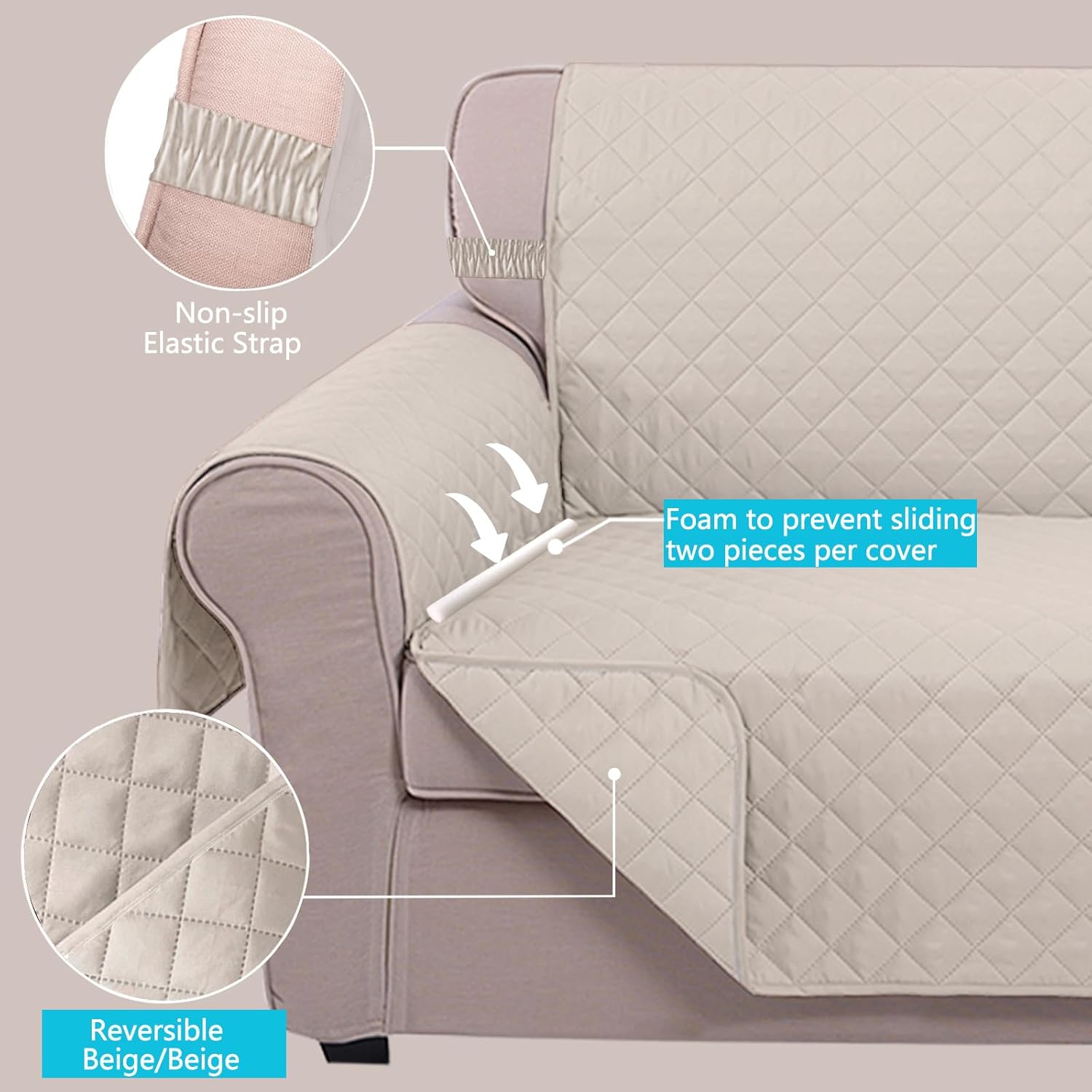 UNICE Home Reversible Sofa Cover Bundle Loveseat Cover(Sofa+Loveseat, Beige) - Image 4
