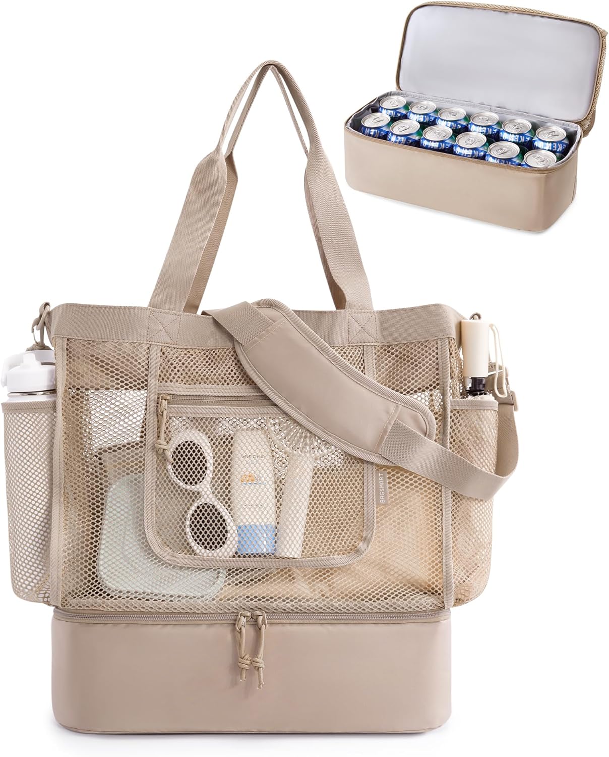 Beach Bag for Women, Mesh Tote Bags with Zipper, Sandproof Vacation Essentials with Cooler for Swim Cruise Pool - Image 1