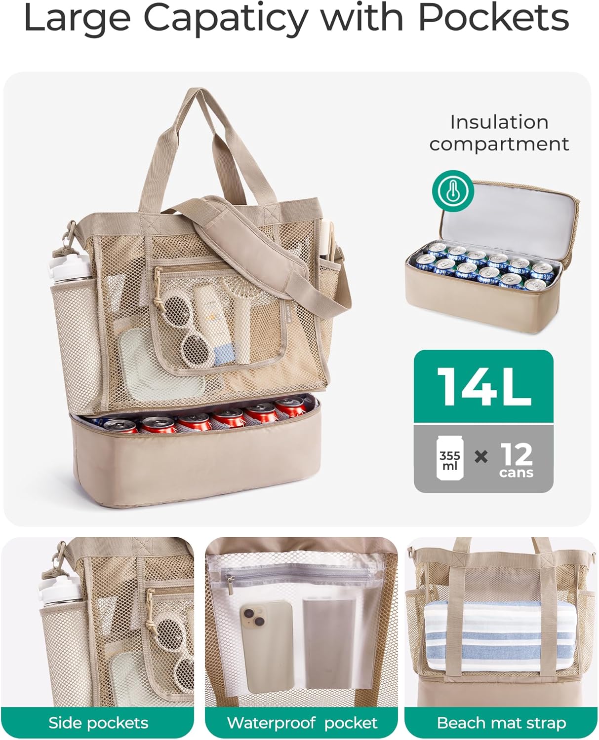 Beach Bag for Women, Mesh Tote Bags with Zipper, Sandproof Vacation Essentials with Cooler for Swim Cruise Pool - Image 4