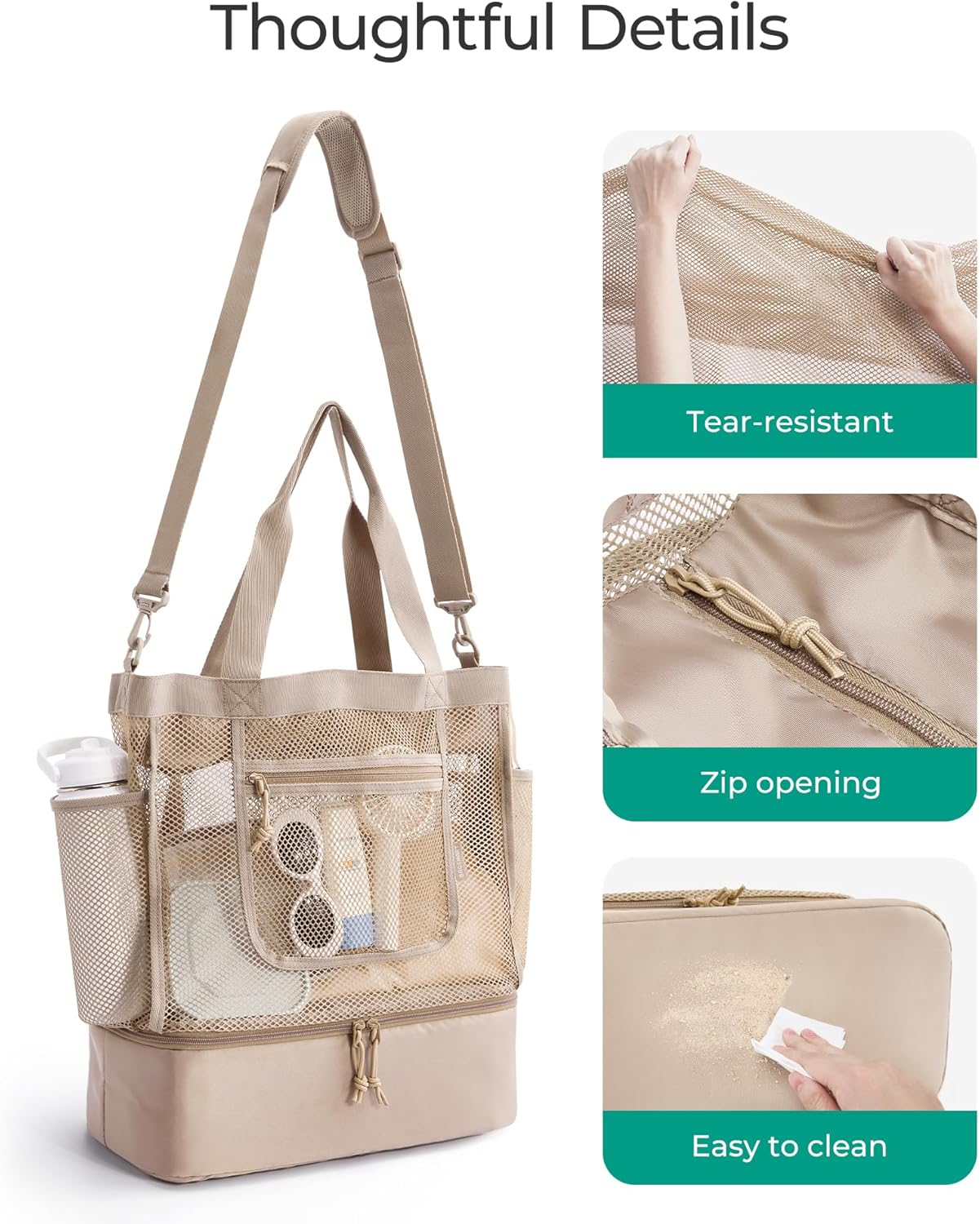 Beach Bag for Women, Mesh Tote Bags with Zipper, Sandproof Vacation Essentials with Cooler for Swim Cruise Pool - Image 5