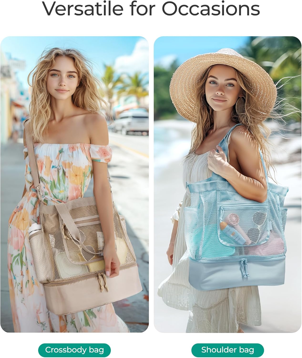 Beach Bag for Women, Mesh Tote Bags with Zipper, Sandproof Vacation Essentials with Cooler for Swim Cruise Pool - Image 7