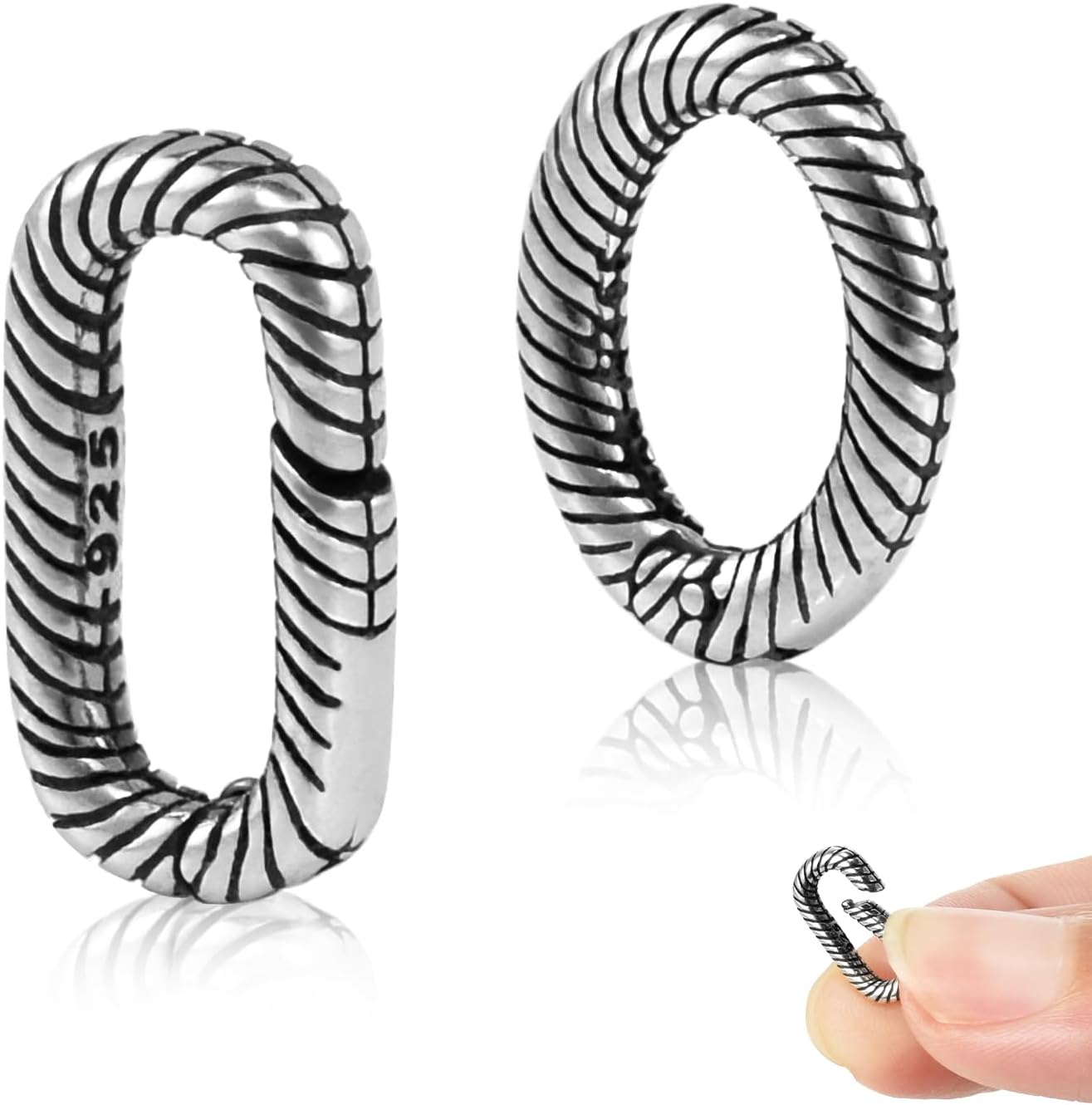 2pcs Tiny 925 Sterling Silver Oval Ring Jewelry Clasps, 2 Size Lobster Clasp Shortener Clip Carabiner Necklace Clasp Connector Clasps Jewelry Making DIY Hardware Replacement - Image 1