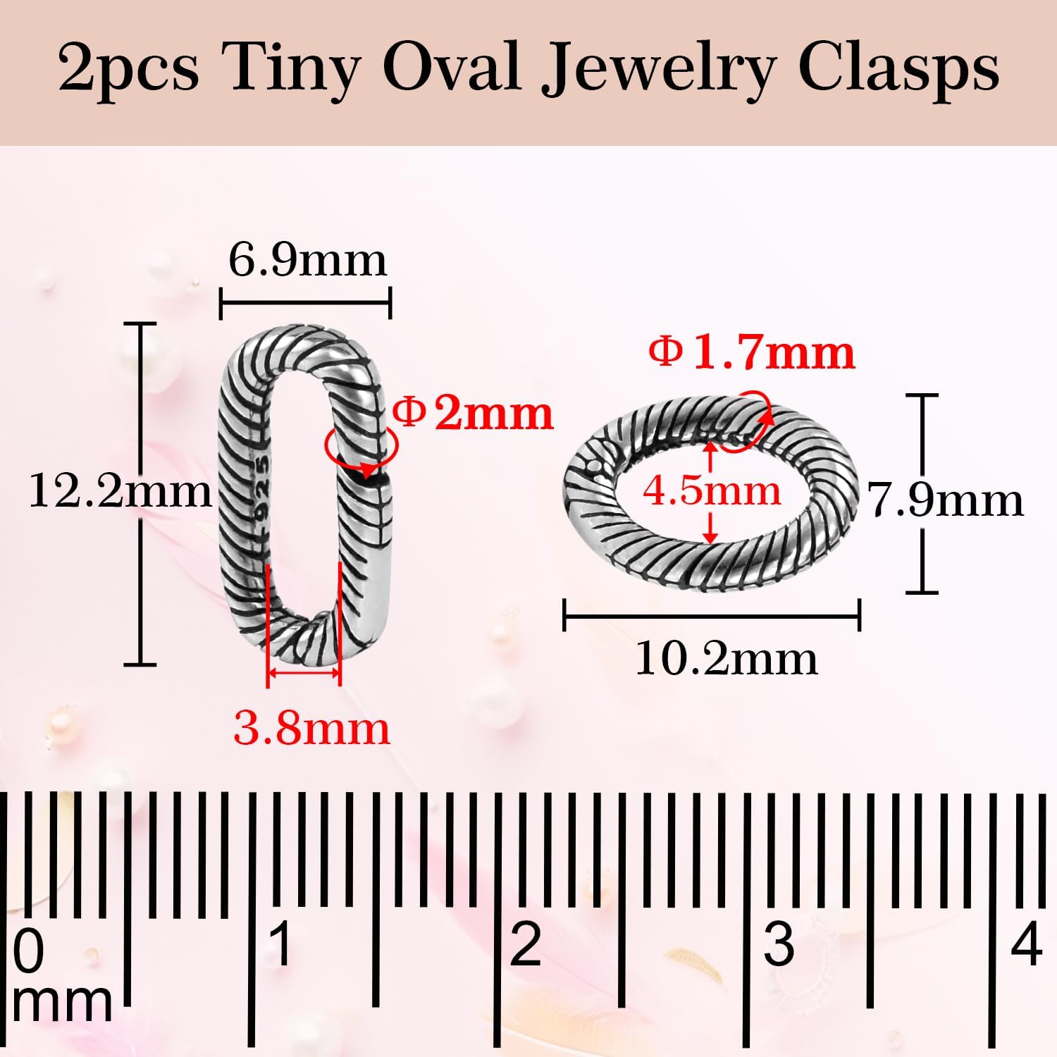 2pcs Tiny 925 Sterling Silver Oval Ring Jewelry Clasps, 2 Size Lobster Clasp Shortener Clip Carabiner Necklace Clasp Connector Clasps Jewelry Making DIY Hardware Replacement - Image 2