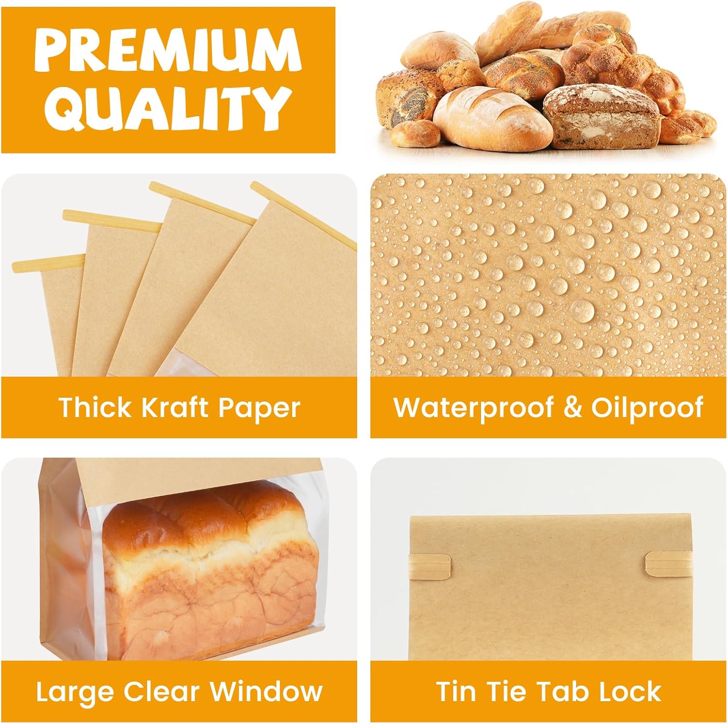 50 Pack Bread Bags with Tabs for Homemade Sourdough Bread, 8.7x4.3x11 Inches Tin Tie Tab Lock Large Paper Bakery Packaging Bags with Window for Gifting & Bake Sale | Thick Material, Grease Resistant, Self Standing - Image 3