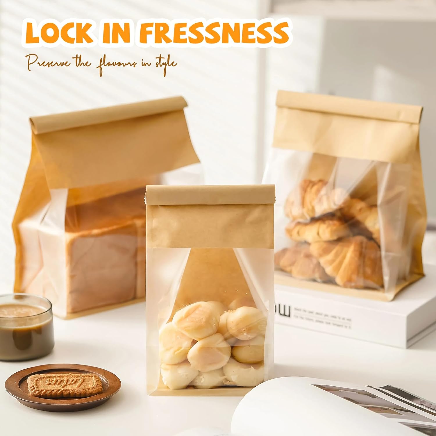 50 Pack Bread Bags with Tabs for Homemade Sourdough Bread, 8.7x4.3x11 Inches Tin Tie Tab Lock Large Paper Bakery Packaging Bags with Window for Gifting & Bake Sale | Thick Material, Grease Resistant, Self Standing - Image 6